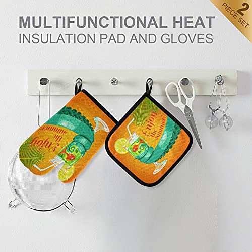 Octopus Oven Mitts and Pot Holders Set - 2PCS Heat Resistant Kitchen Gloves with Tropical Leaf Design, Soft Cotton Lining & Non-Slip Grip - Perfect for Baking, Cooking, BBQ, and Summer Outdoor Parties