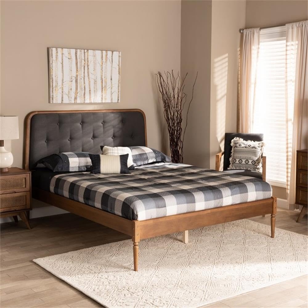 Baxton Studio Diantha Full Size Platform Bed - Dark Grey Fabric Upholstery with Walnut Brown Wood Finish | Classic Traditional Bedroom Furniture for Home Decor