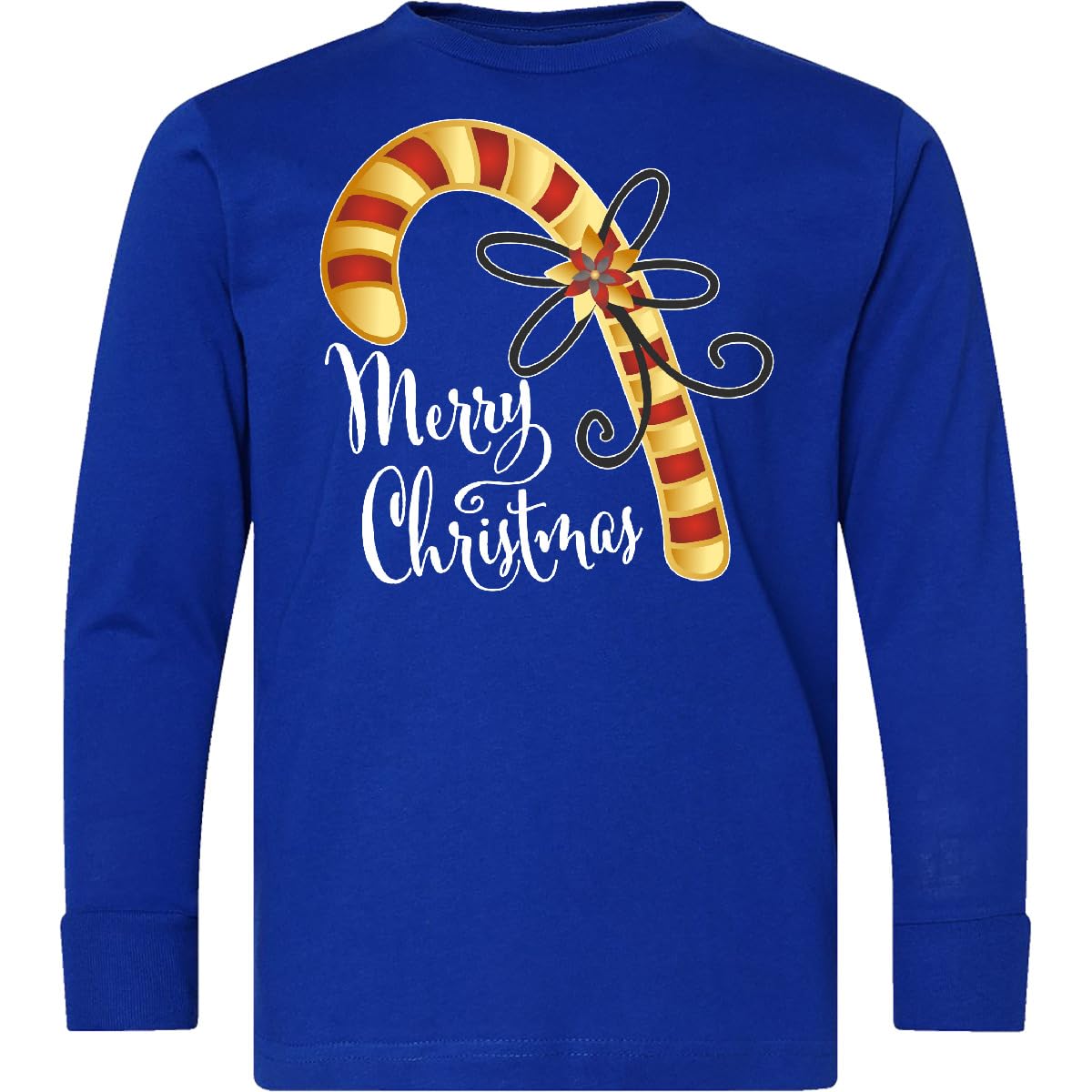Inktastic Merry Christmas Red and Gold Candy Cane Youth Long Sleeve T-Shirt - Festive Holiday Gift for Kids, Christmas Party Outfit, Family Matching Pajamas