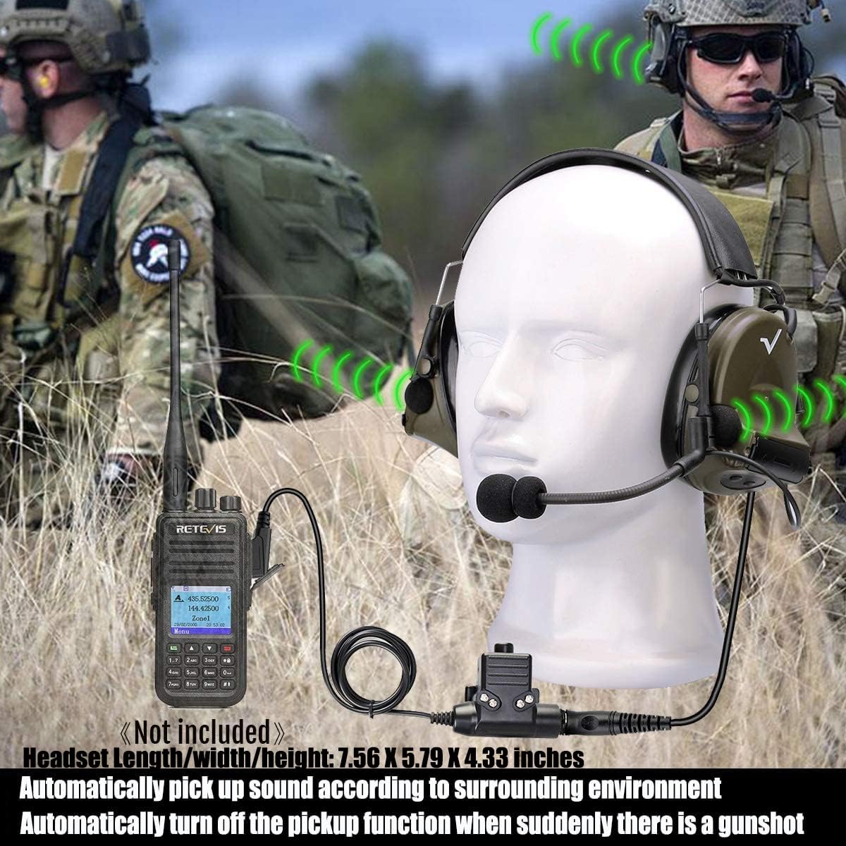 Retevis EHK007 Tactical Headset with Mic - Noise Cancelling Shooting Earmuffs for Hunting & Outdoor Activities | Walkie Talkie Headset with Sound Amplification | Compatible with Baofeng UV-5R, RT68, H-777, RA89, RA79 (1 Pack) - Ideal for Tactical Missions, Range Shooting & Security Operations