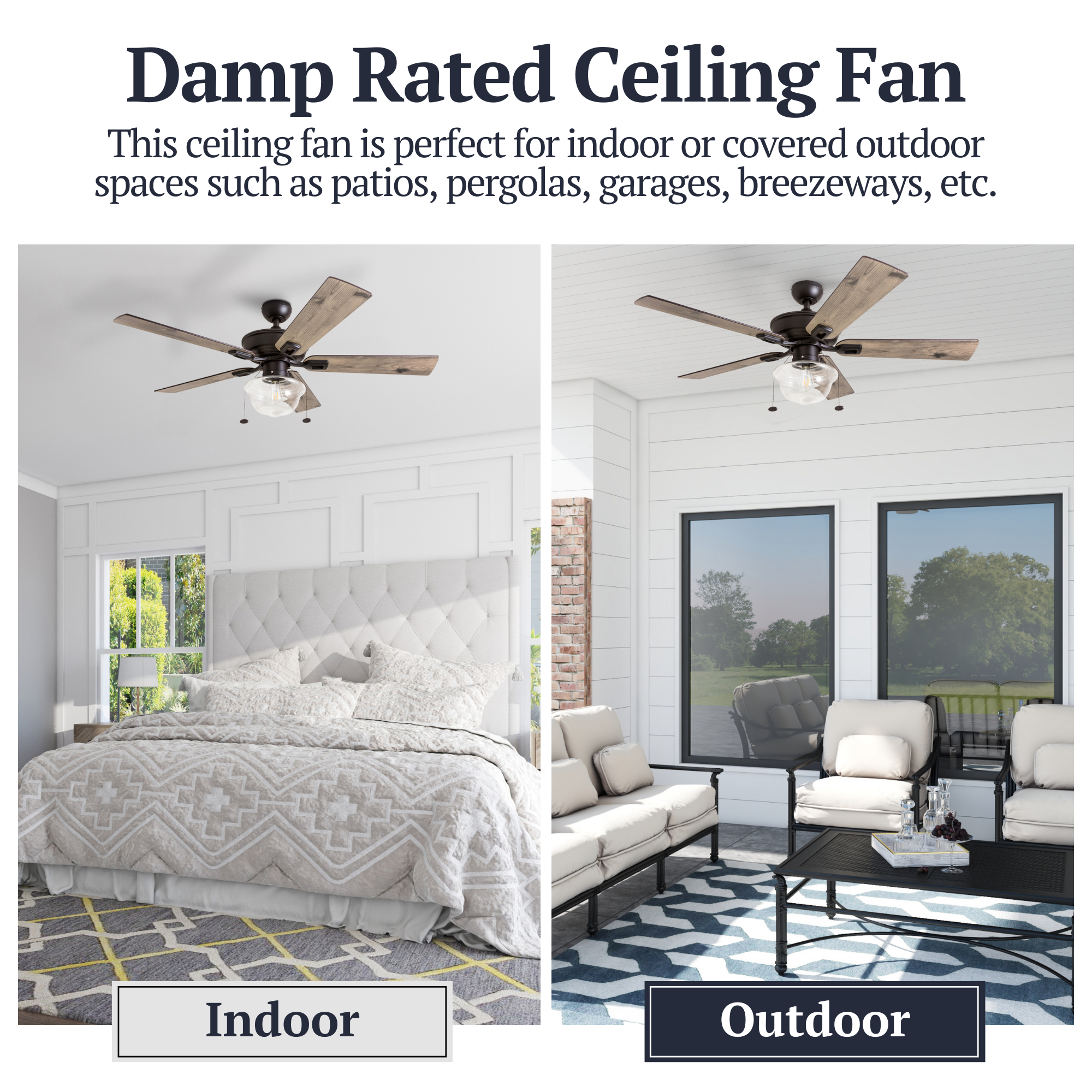 52 Inch Bronze Indoor/Outdoor Ceiling Fan with Pull Chain - Perfect for Living Rooms, Bedrooms, and Covered Patios