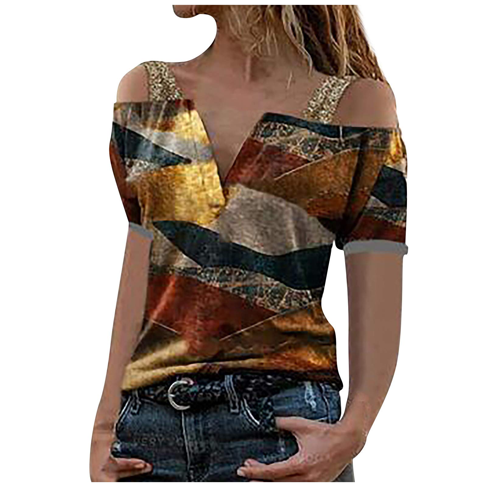 Soyienma Women's Casual Zipper Lapel Print T-Shirt - Short Sleeve Summer Blouse for Workout, Office & Daily Wear | Comfortable Tee Top for Women