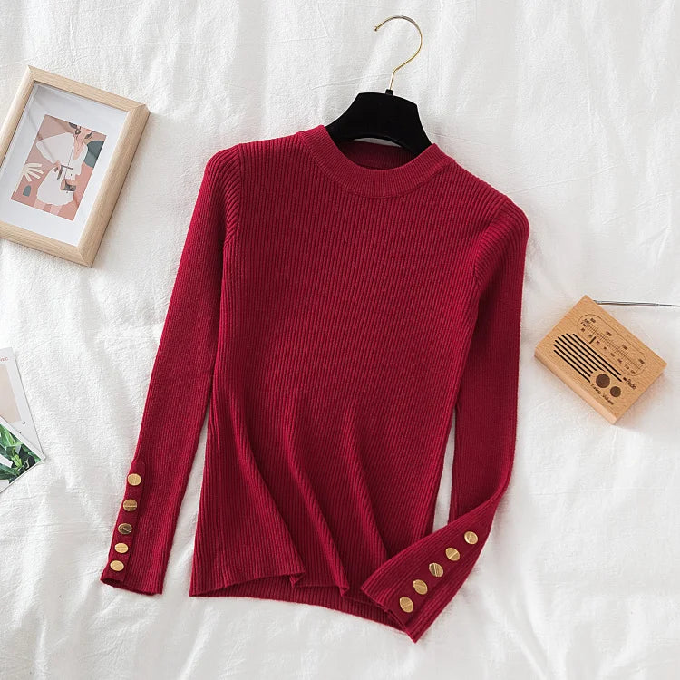 Thick Buttoned Long Sleeve O-Neck Sweater for Women - Cozy Winter Pullover for Casual Outfits & Office Wear