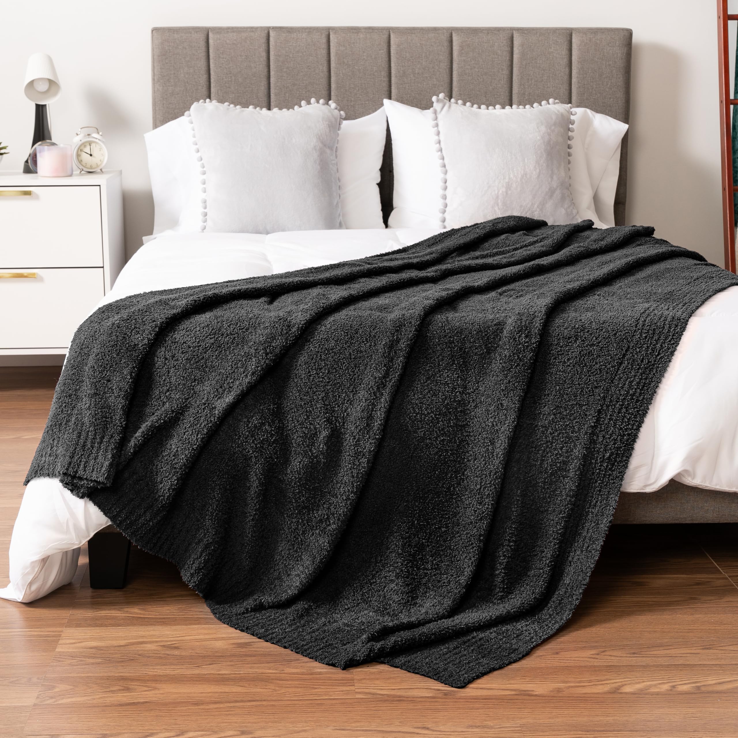 PAVILIA Super Soft Fluffy Knit Throw Blanket - Lightweight & Cozy Black Blanket for Couch, Bed, Sofa (60x80 Inches) - Perfect for Lounging, Movie Nights & Winter Warmth