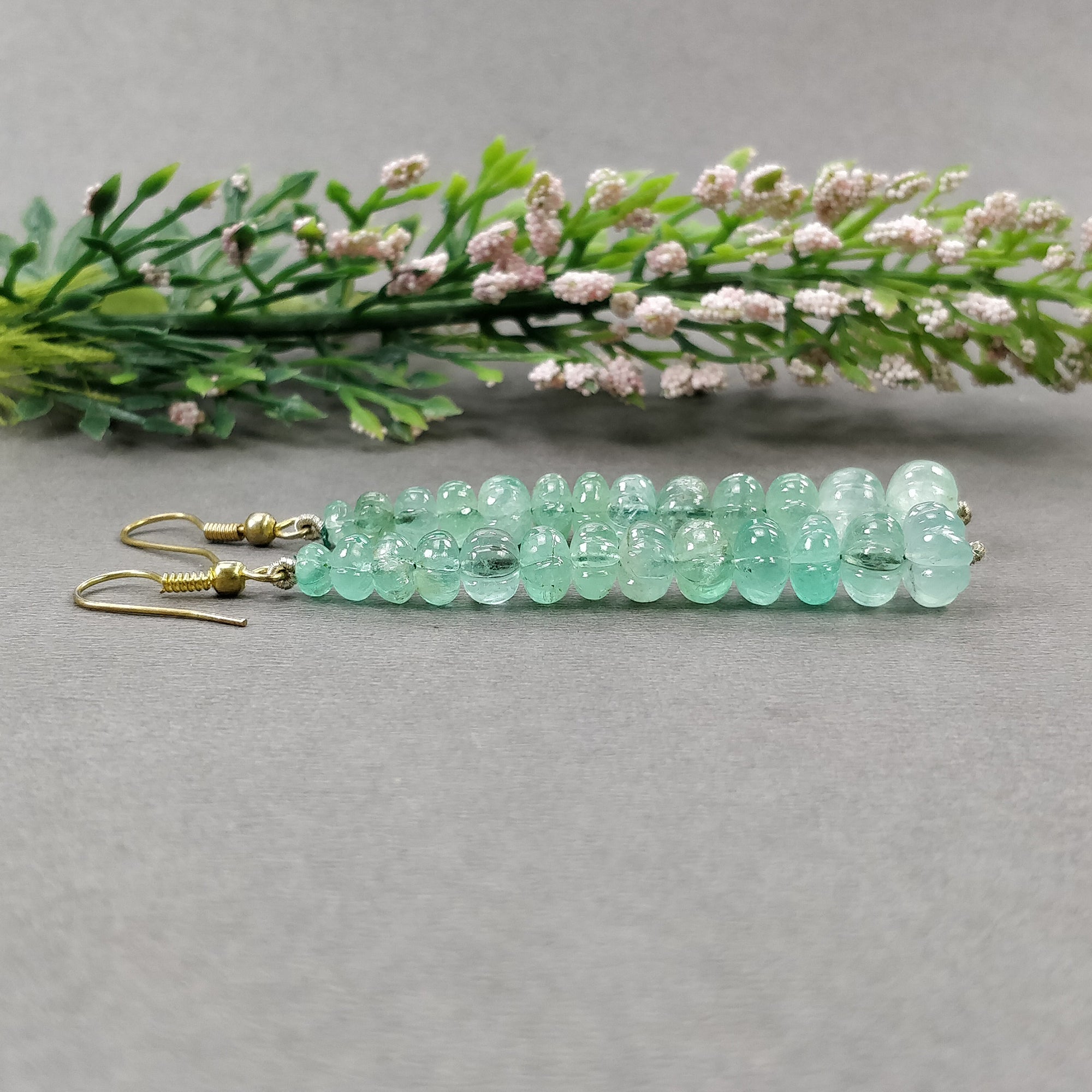 Natural Untreated Emerald Gemstone 925 Sterling Silver Beaded Hook Earrings | 43.50gms | Melon Beads Design | Elegant Jewelry for Women, Gift for Her, Wedding, Party & Special Occasions