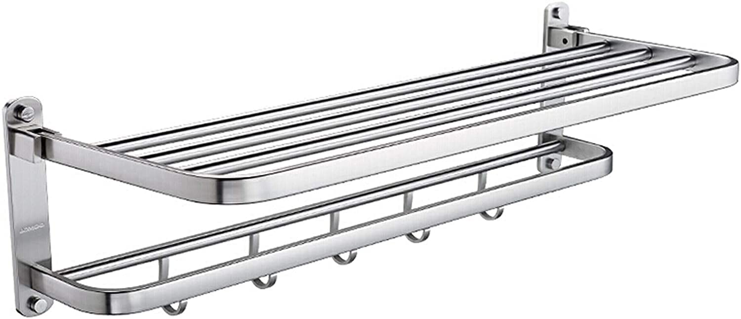 GEIRONV Folding Aluminum Bathroom Shelf - Wall Mounted Shower Rack with 5 Hooks & Double Towel Bar - Space Saving Storage for Towels, Toiletries & Kitchen Utensils (Silver, 60CM) - Perfect for Bathrooms, Hotels & Small Apartments
