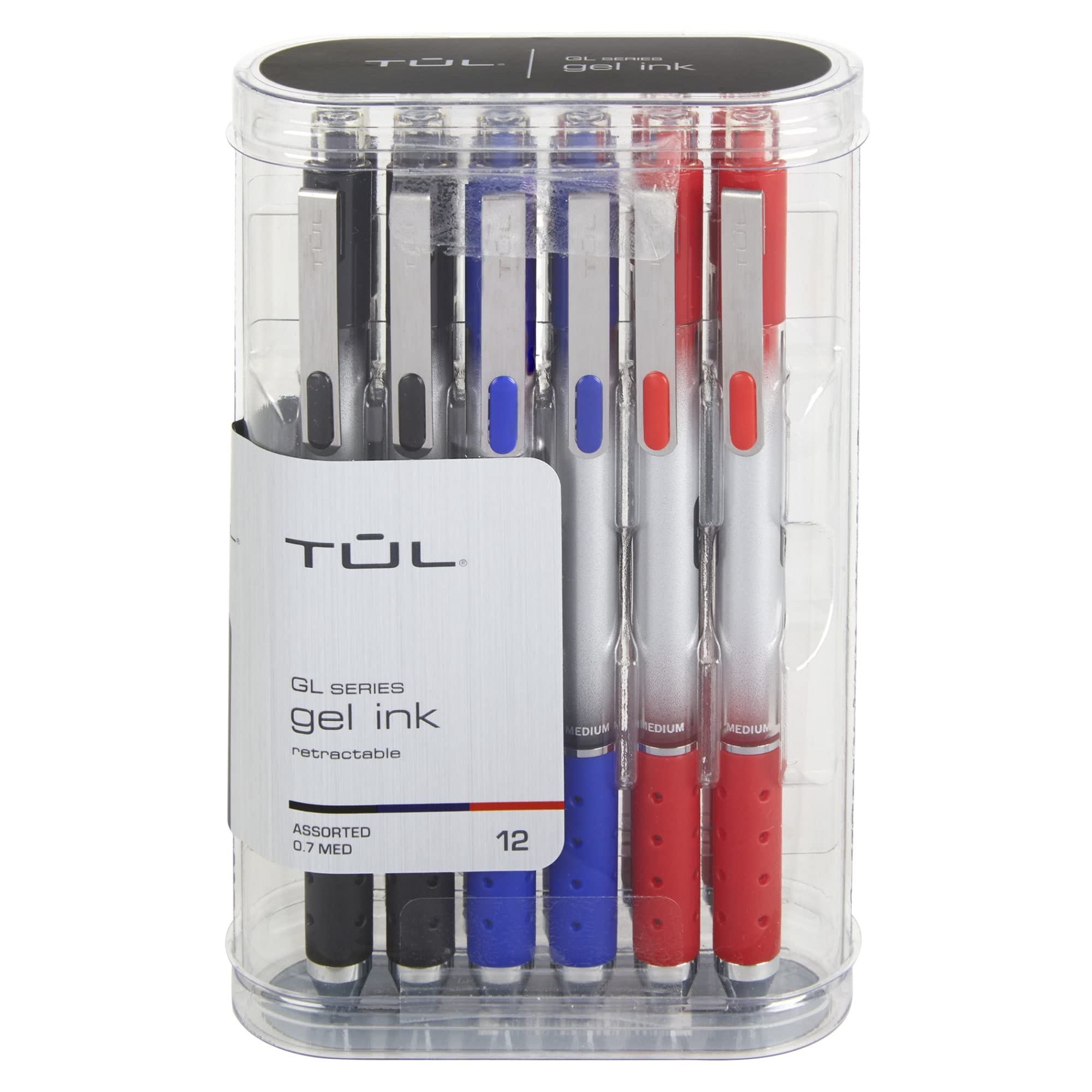 TUL® GL Series Retractable Gel Pens - 0.7mm Medium Point, Silver Barrel, 12-Pack with Assorted Business Inks - Perfect for Office Work, Note Taking & Professional Writing