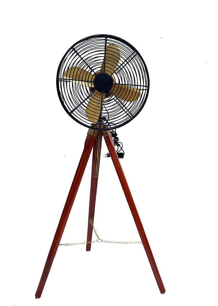 Vintage Style Brass Antique Tripod Floor Fan with Stand - Nautical Home Decor for Living Room, Bedroom & Office Cooling