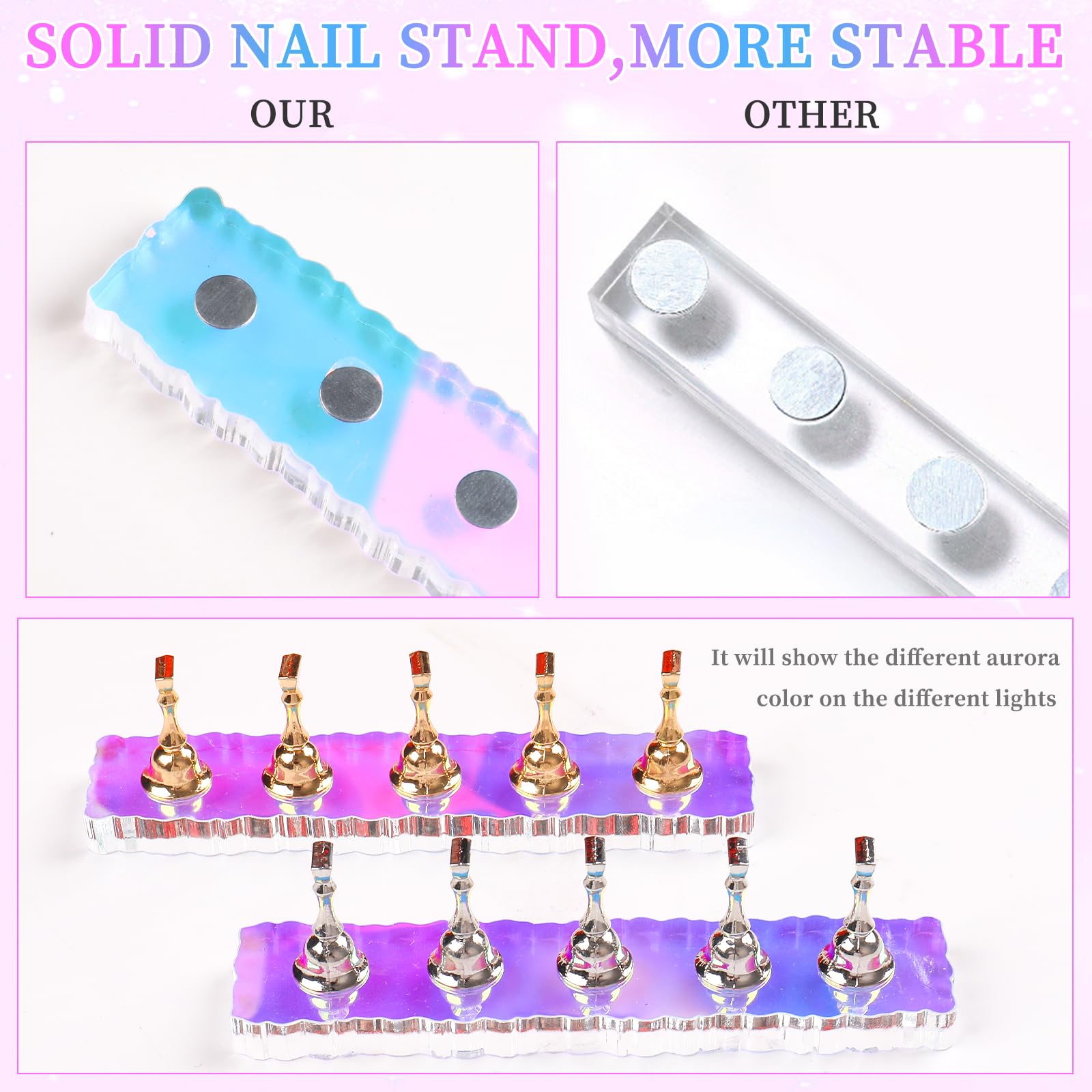 ANGNYA 2 Pack Magnetic Nail Stand Set with 96 Pcs Reusable Sticky Putty - Aurora Nail Holder for Press On & Hand Practice - Perfect for Nail Art, Home Salon & Professional Use