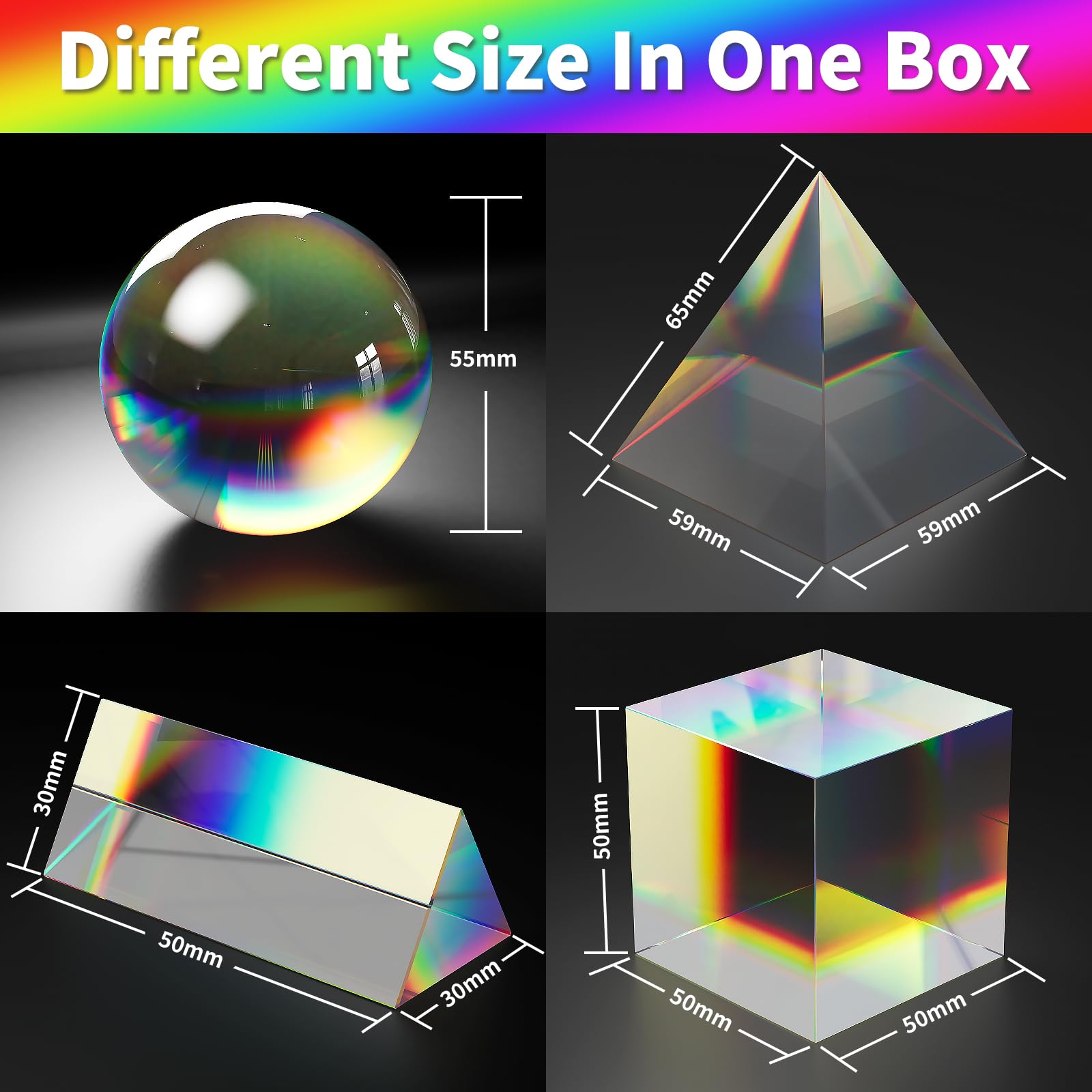 4 Pack K9 Optical Crystal Prism Set - 55mm Crystal Ball, 50mm Cube, 50mm Triangular Prism & 60mm Pyramid for Science Experiments, Photography Lighting Effects & STEM Education - Perfect for Classroom, Studio & Creative Play