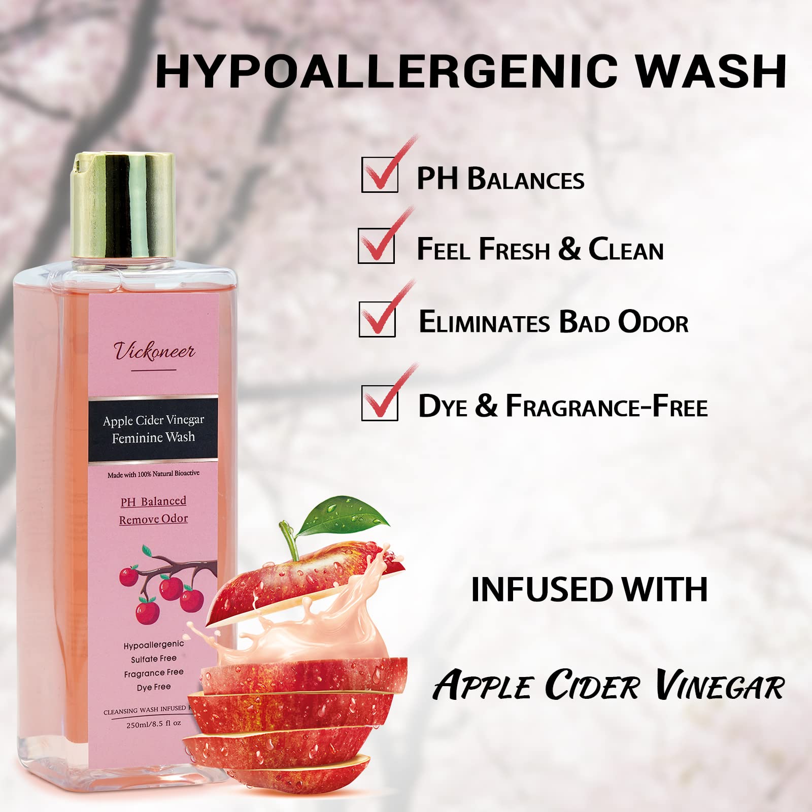 Vickoneer Intimate Yoni Wash for Women - pH Balanced Feminine Wash with Apple Cider Vinegar, Gentle Daily Cleanser for Vaginal Odor Control & Hygiene, 250ml/8.5 fl oz - Perfect for Daily Use, Post-Workout Refresh & Sensitive Skin Care