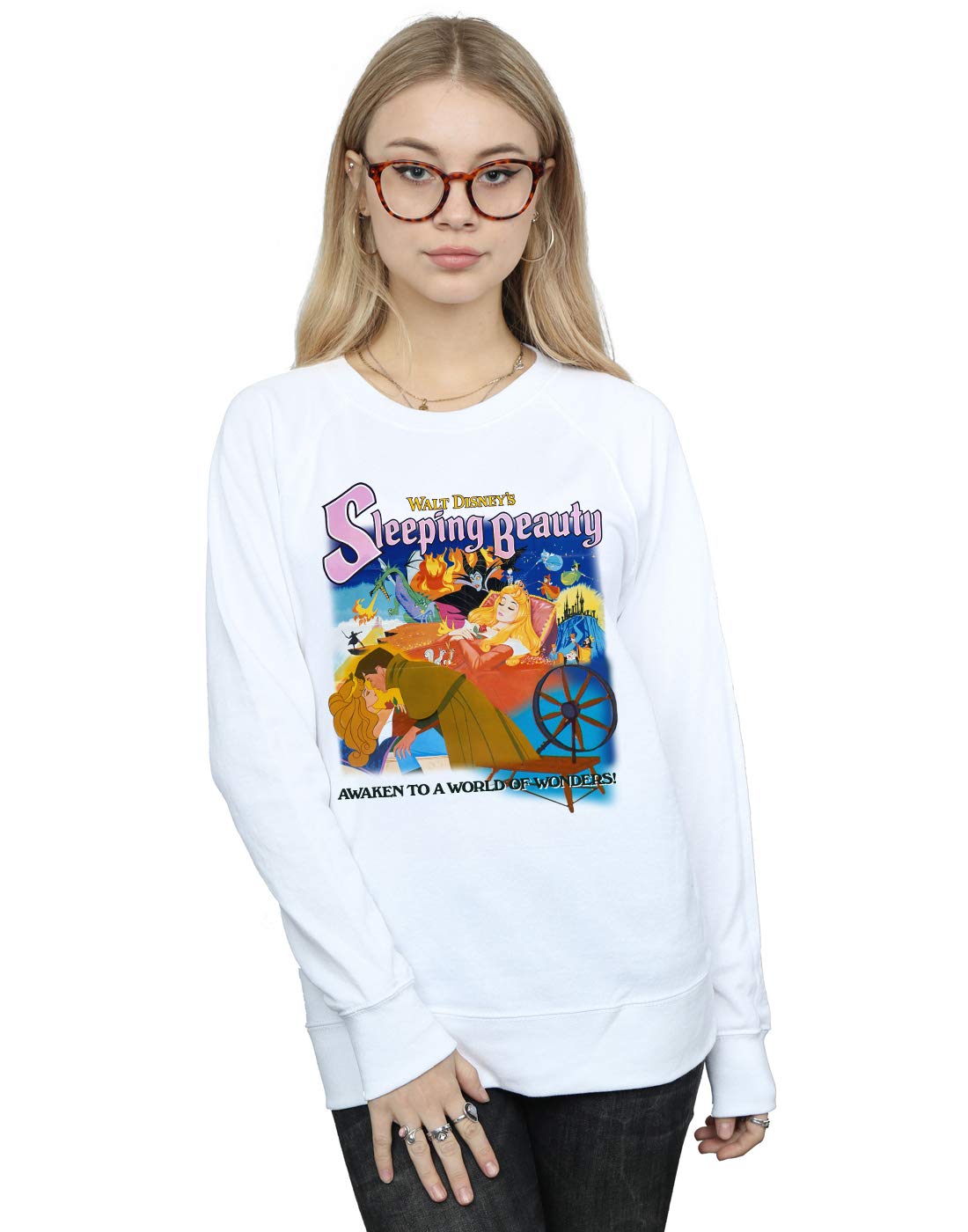 Disney Sleeping Beauty Collage Poster Sweatshirt for Women - White, Large Size | Cozy Lounge Wear & Disney Fan Gift