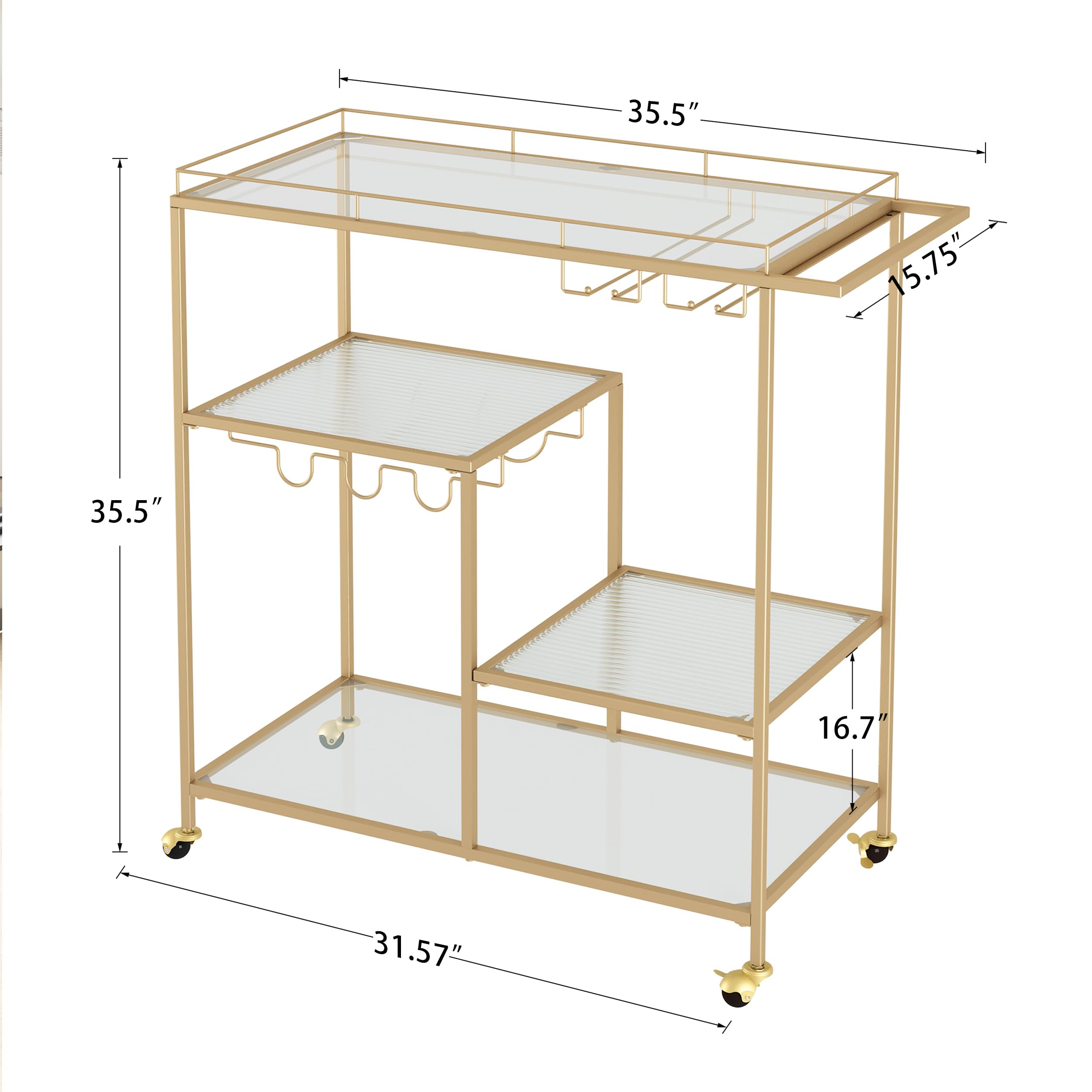 Gold Serving Bar Cart for Living Room - Home Island Mini Bar with Wine Glass Storage Shelf | Perfect for Entertaining, Cocktail Parties & Small Space Decor