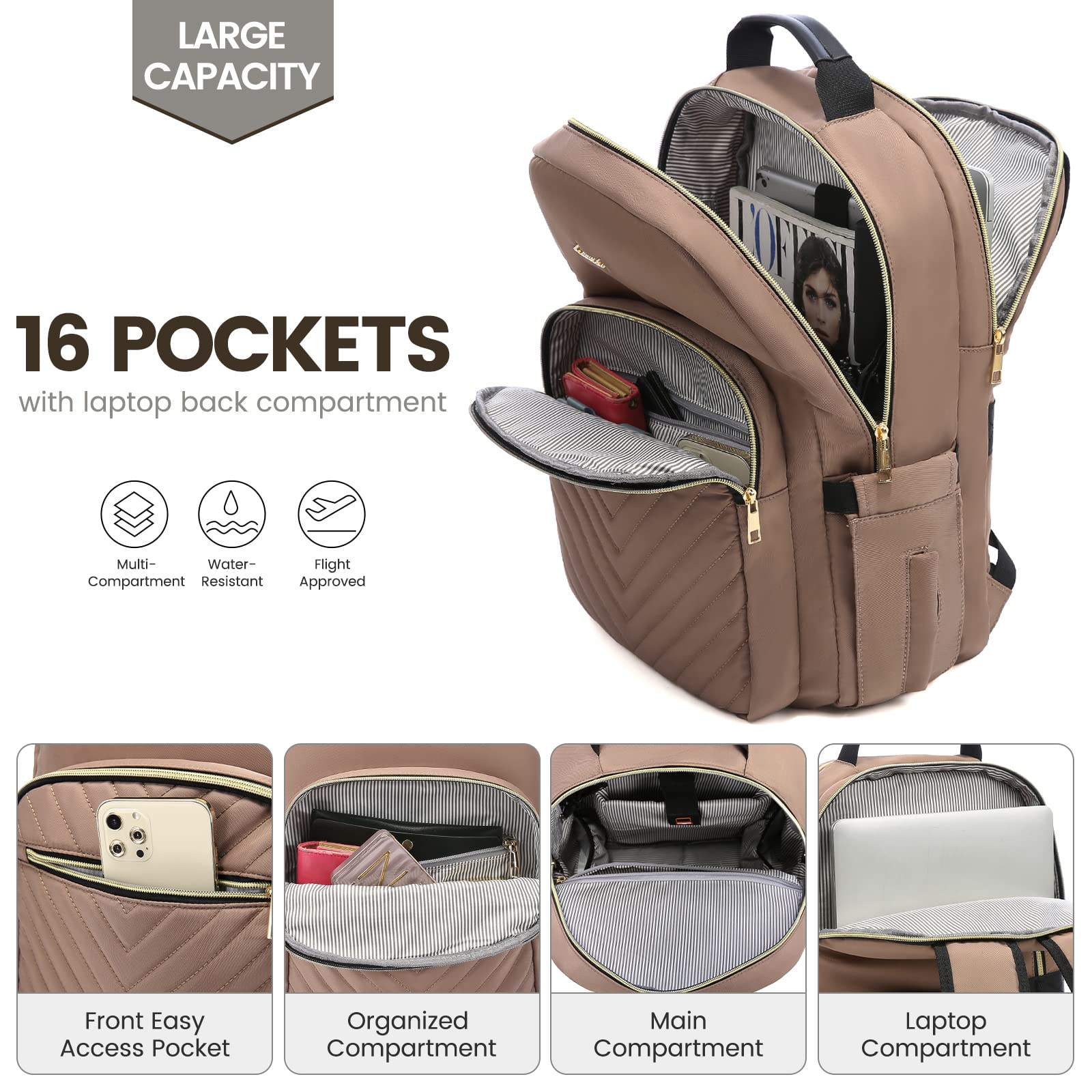 LOVEVOOK Women's 15.6 Inch Laptop Backpack - Stylish Waterproof Travel Purse & Professional Work Bag with USB Port, Ideal for Business, College, Teaching & Daily Commute, Brown