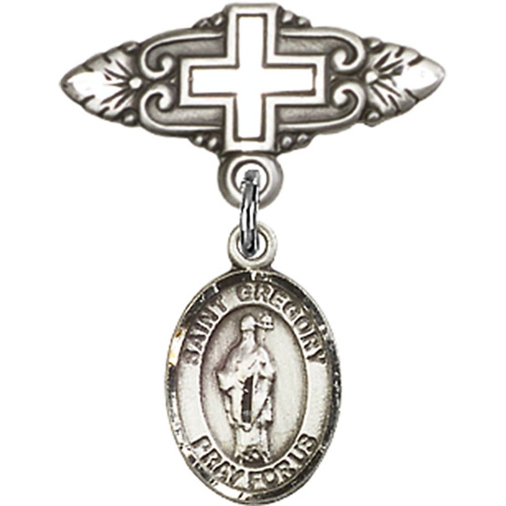 Sterling Silver Baby Badge with St. Gregory The Great Charm - Religious Cross Pin (1