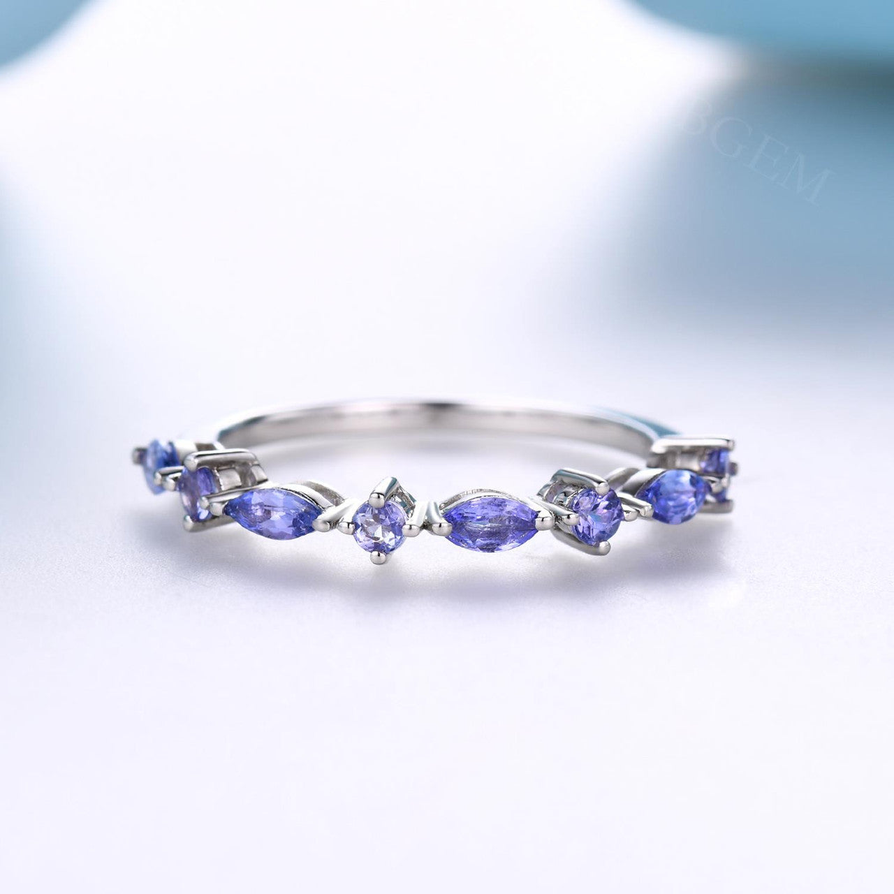 Natural Tanzanite Women's Band Ring - Marquise & Round Cut Half Eternity Shared Prong Gemstone Ring for Wedding, Anniversary & Special Occasions