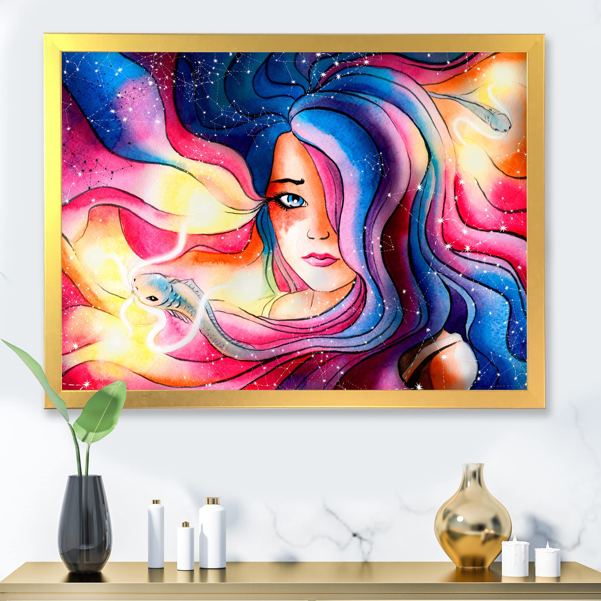 DesignQ The Girl With The Glowing Hair - Modern Framed Wall Art Decor for Living Room, Bedroom & Office - Unique Home & Office Decoration