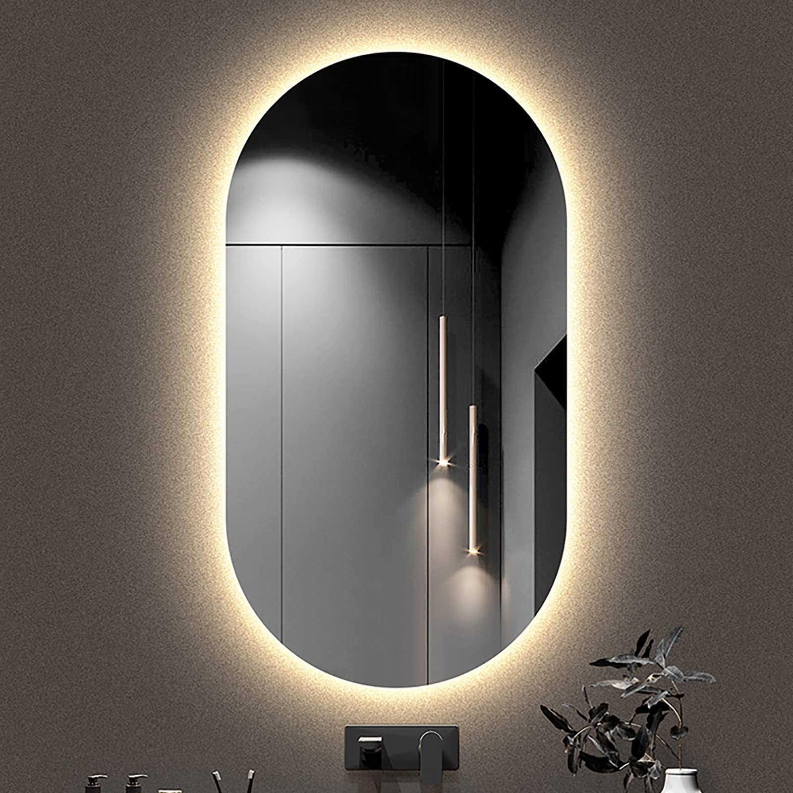DRSM 24x40 Inch LED Backlit Wall Mounted Bathroom Mirror with Warm Lighting - Oval Vanity Mirror for Makeup, Hallway & Bathroom Decor (60x100cm) - Perfect for Modern Home, Spa & Dressing Room