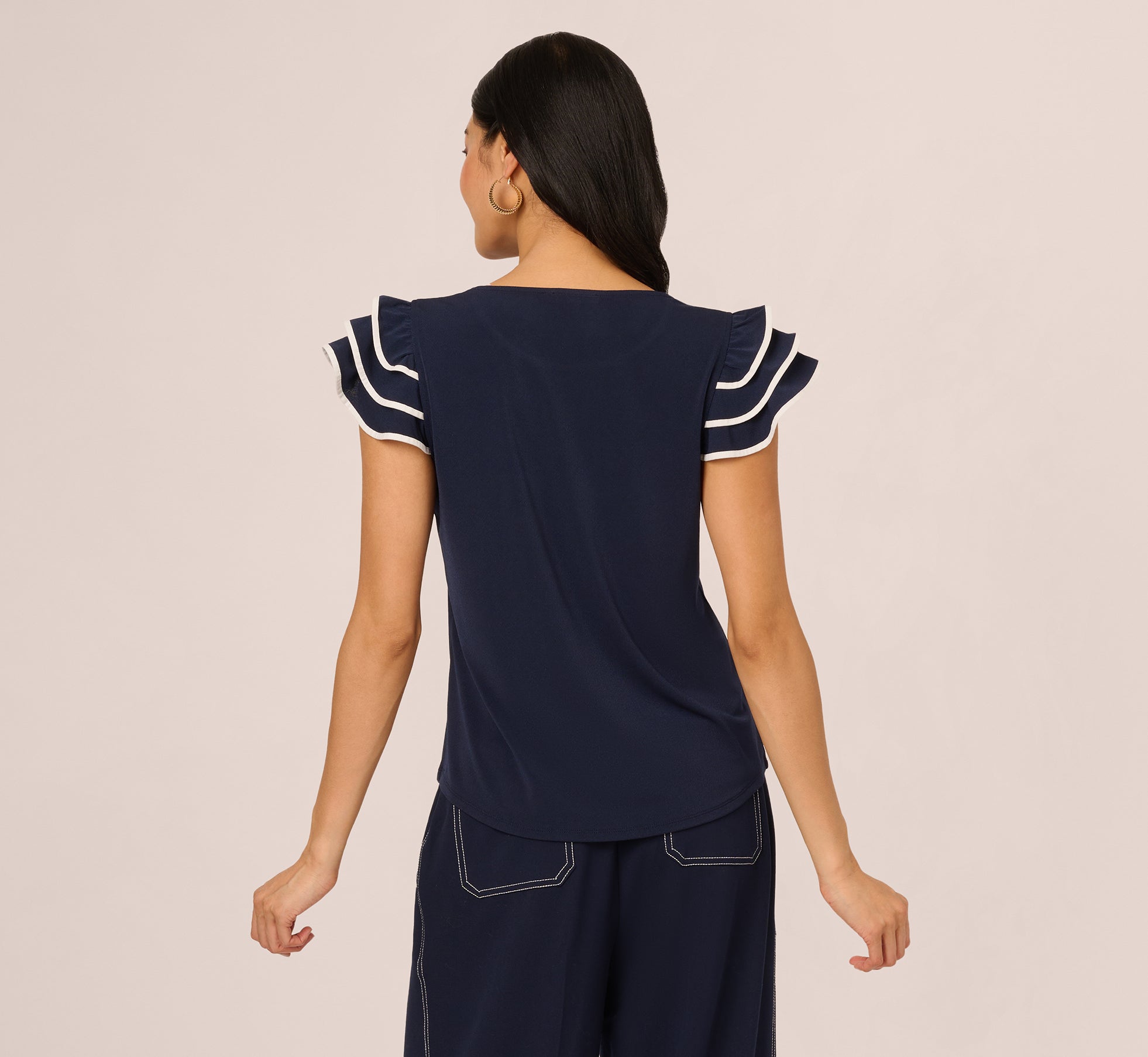 Blue Moon Ivory Ruffle Sleeve Contrast Trim Top - Women's Fashion Blouse for Casual Wear, Date Nights & Office Outfits