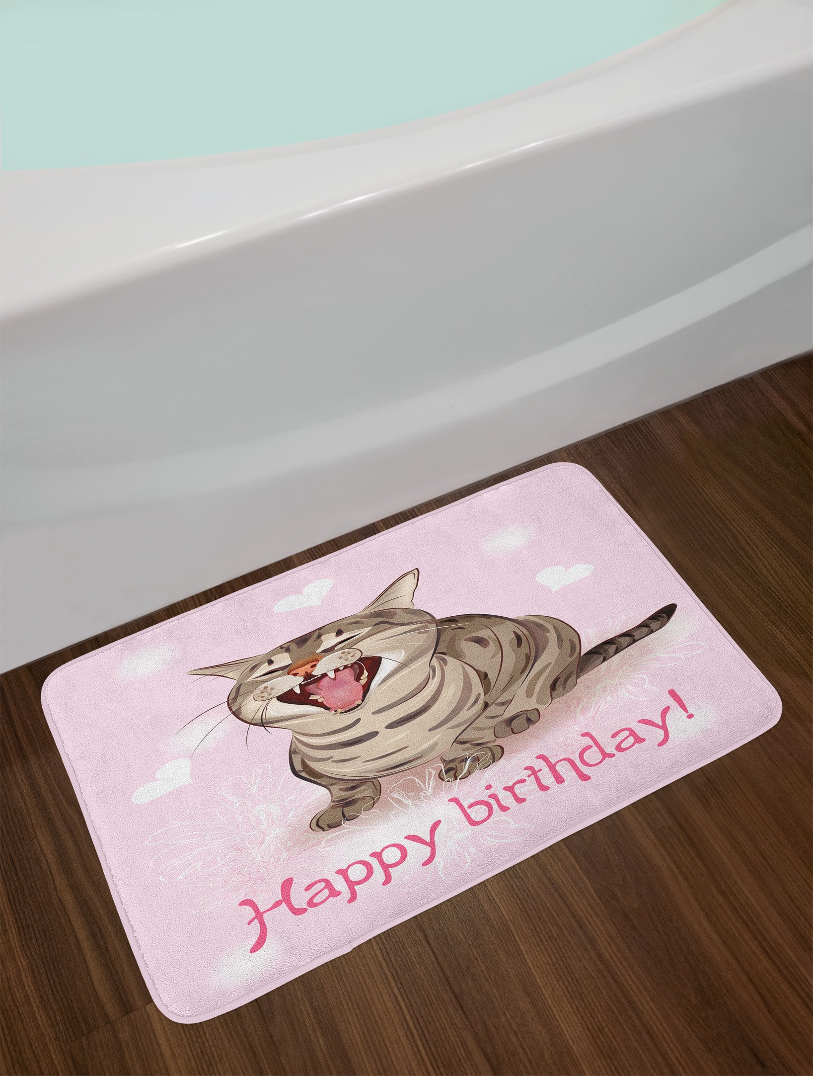 Ambesonne Funny Cat Birthday Bath Mat - Non-Slip Plush Bathroom Decor with Pink Hearts & Flowers, 30.2 x 20 Inches - Perfect Gift for Cat Lovers & Birthday Decorations | Great for Bathrooms, Showers, and Home Decor