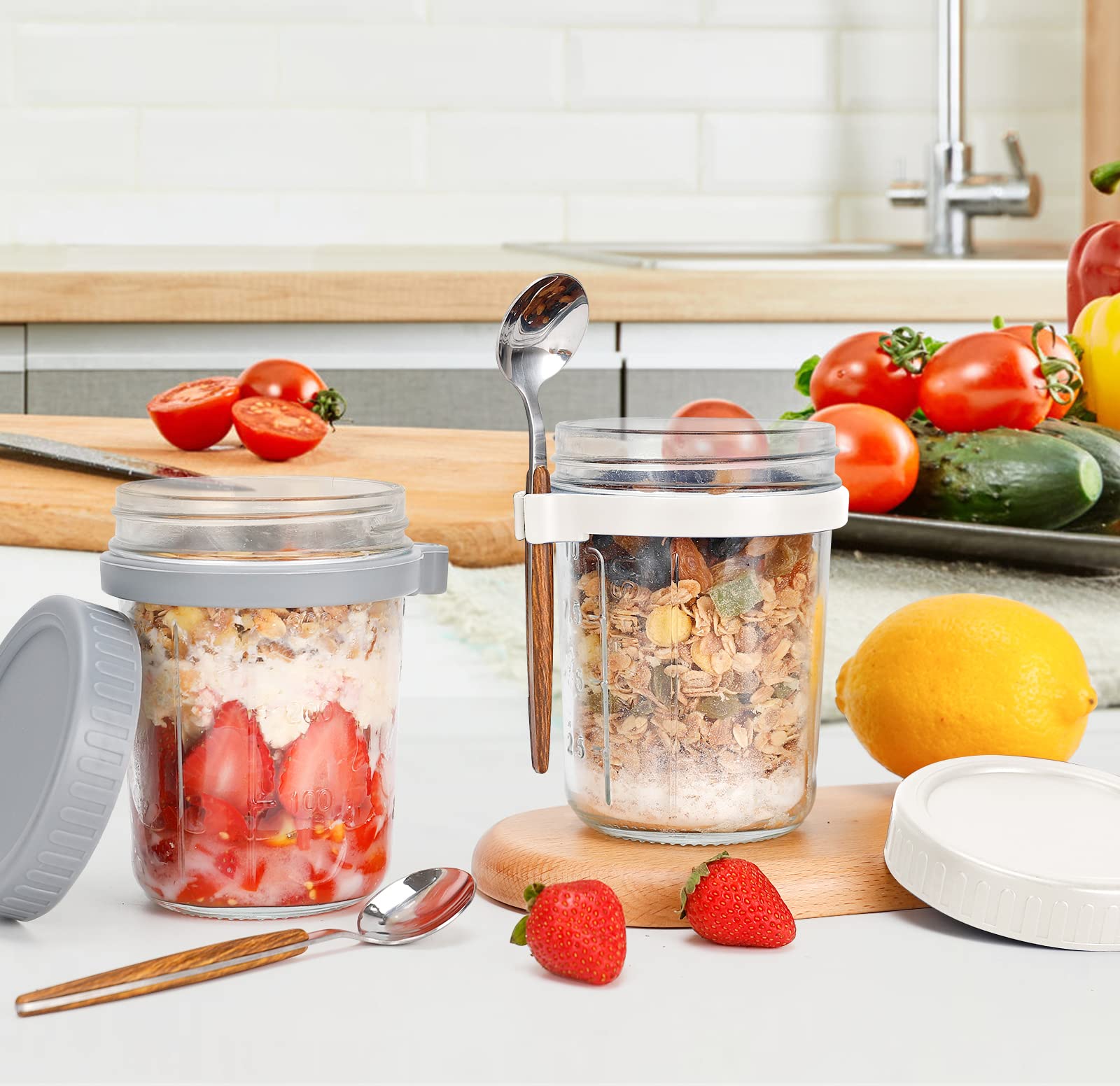 16 oz Overnight Oats Jars with Lid & Spoon - BPA-Free Meal Prep Containers for Cereal, Yogurt, Fruit Salad - Measuring Marks for Perfect Portions (White/Grey) | Ideal for Breakfast Meal Prep, Office Lunches & Healthy Snacks On-The-Go