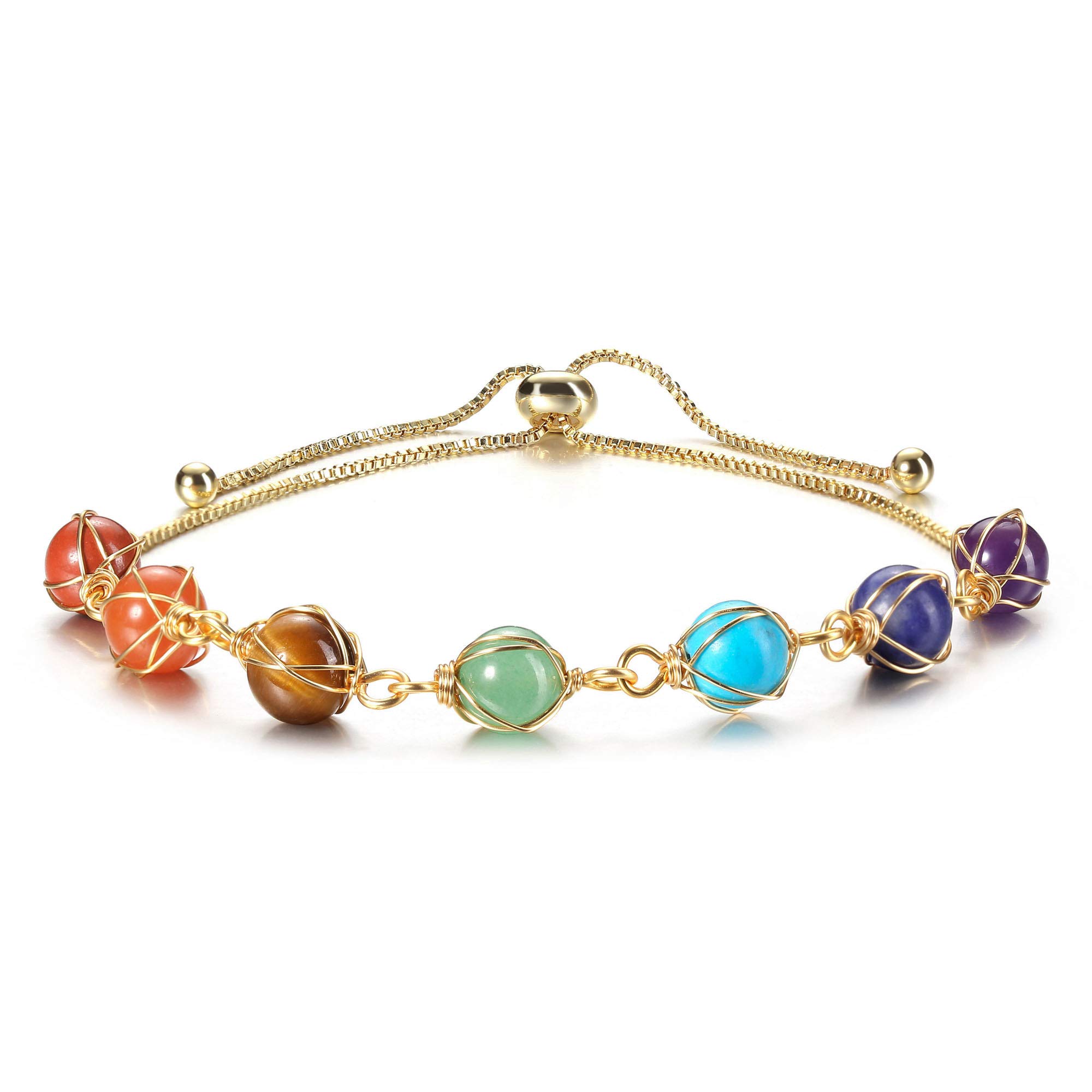 7 Chakra Healing Crystal Stone Bead Adjustable Ankle Bracelet - 14K Gold Plated Women's Spiritual Jewelry for Meditation, Yoga & Positive Energy - Perfect Birthday Gift for Mom, Wife & Loved Ones