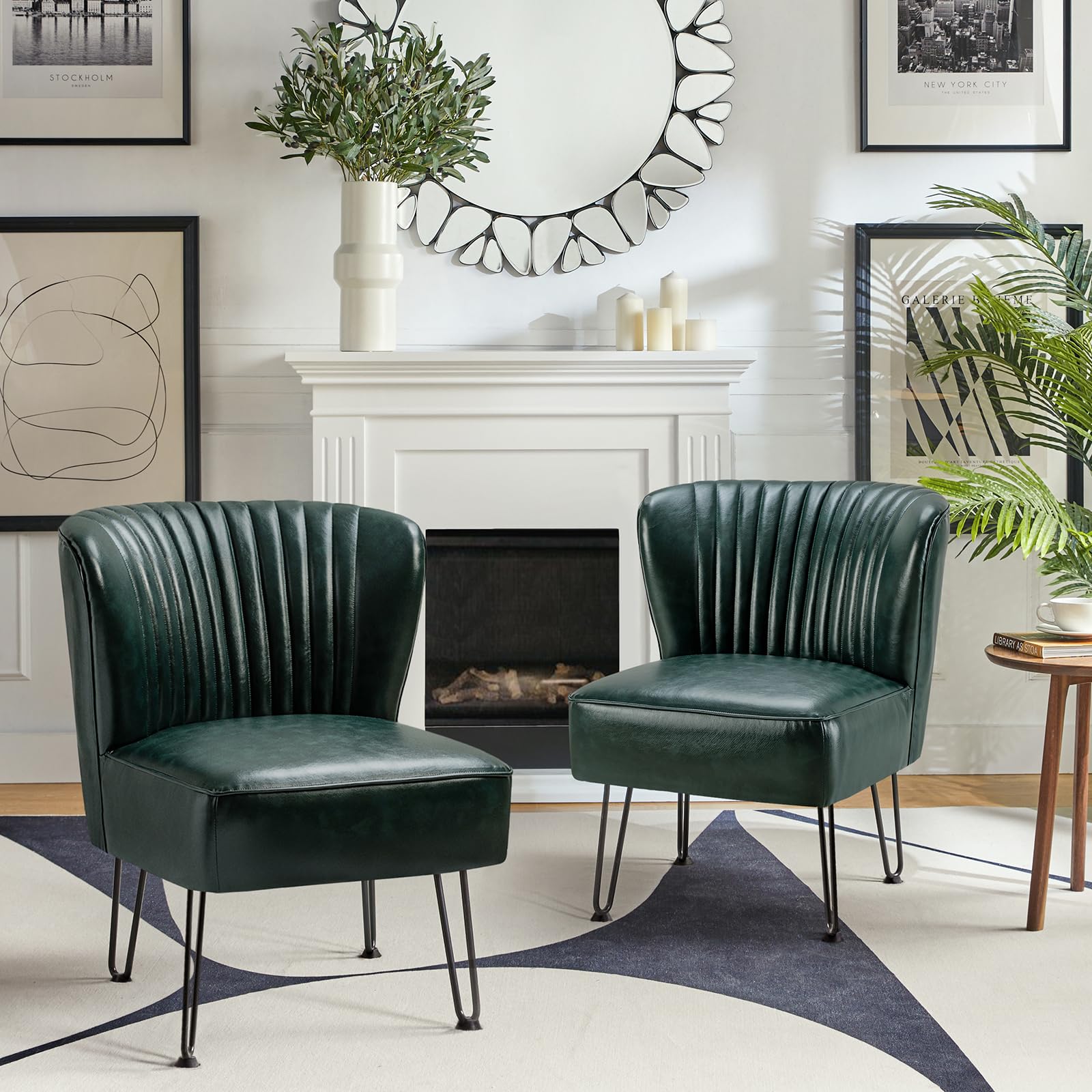 Mid Century Modern Faux Leather Accent Chairs Set of 2 - Green Upholstered Armless Side Chairs with Metal Base for Living Room & Bedroom | HULALA HOME | Perfect for Small Spaces, Reading Nooks & Guest Seating