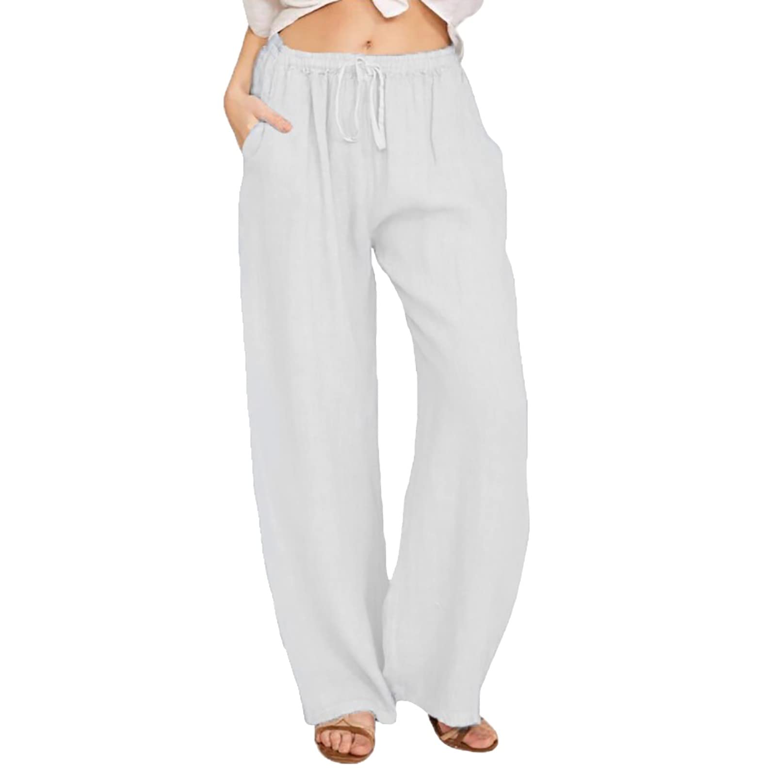 Women's Casual Linen Pants - High Waisted Straight Leg Beach Pants with Drawstring & Pockets | Relaxed Fit Sweatpants for Summer, Travel & Lounge Wear