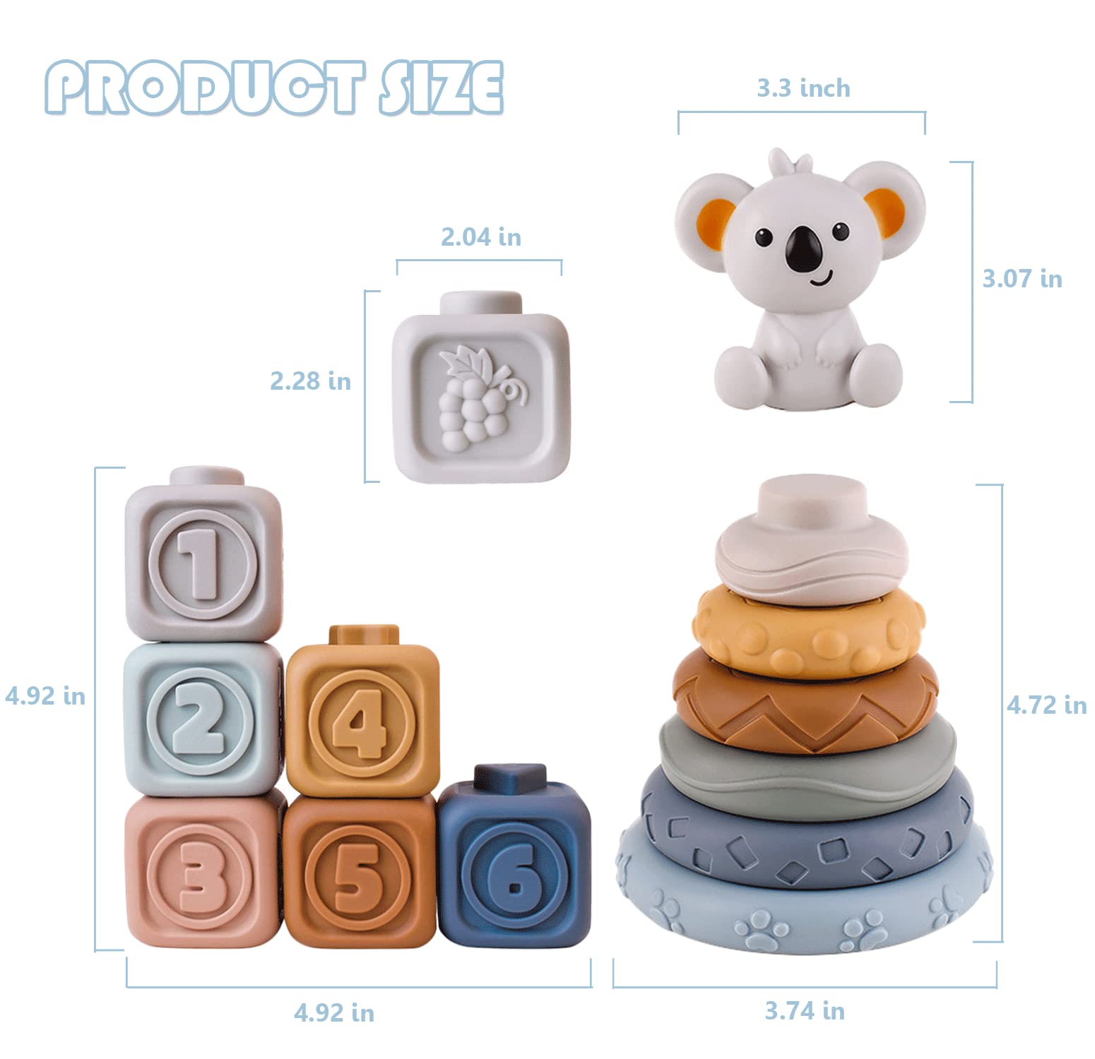 13 Pcs Montessori Sensory Building Blocks & Circles - Early Educational Squeeze Teething Toys with Koala Figure for Babies 6-18 Months | Perfect for Toddler Learning, Fine Motor Skills Development & Sensory Play