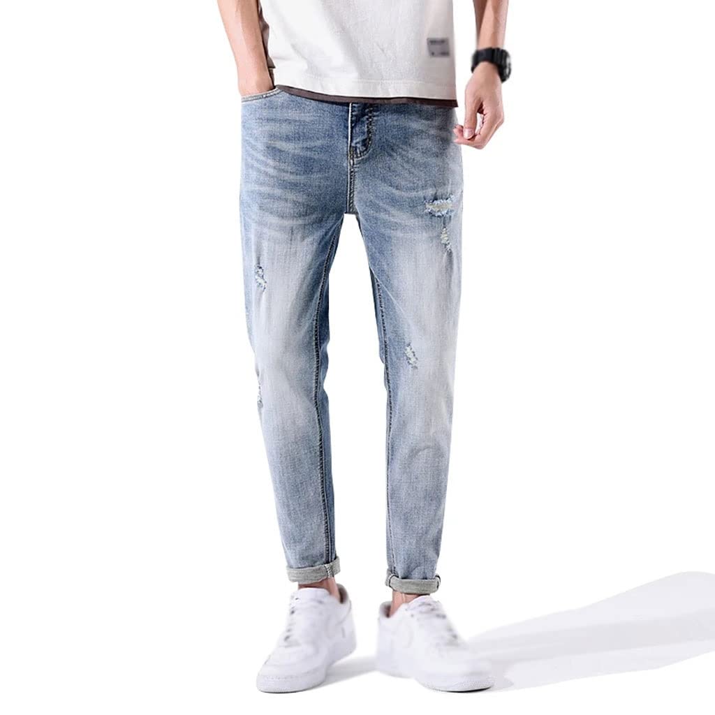 Men's Ripped Skinny Jeans - Light Blue Stretch Denim Distressed Destroyed Fit for Spring | Casual Wear, Street Style, Night Out