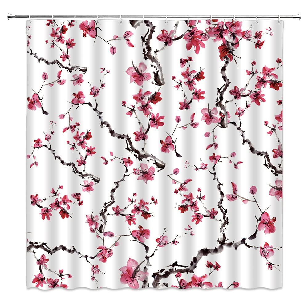 Japanese Cherry Blossom Shower Curtain - Red Plum Floral Watercolor Design with Traditional Asian Ink Painting | Bathroom Decor with 12 Hooks | Perfect for Zen, Spa, and Japanese-Themed Bathrooms
