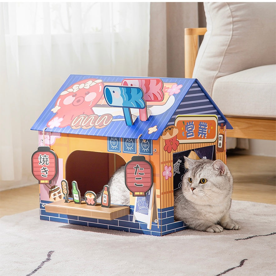 Premium Japanese Izakaya Style Cat Scratcher House - Natural Sisal & Wood Cat Tree with Perch - Perfect for Indoor Cats Play, Lounge & Scratch (Multi-Level Cat Furniture for Home & Office)