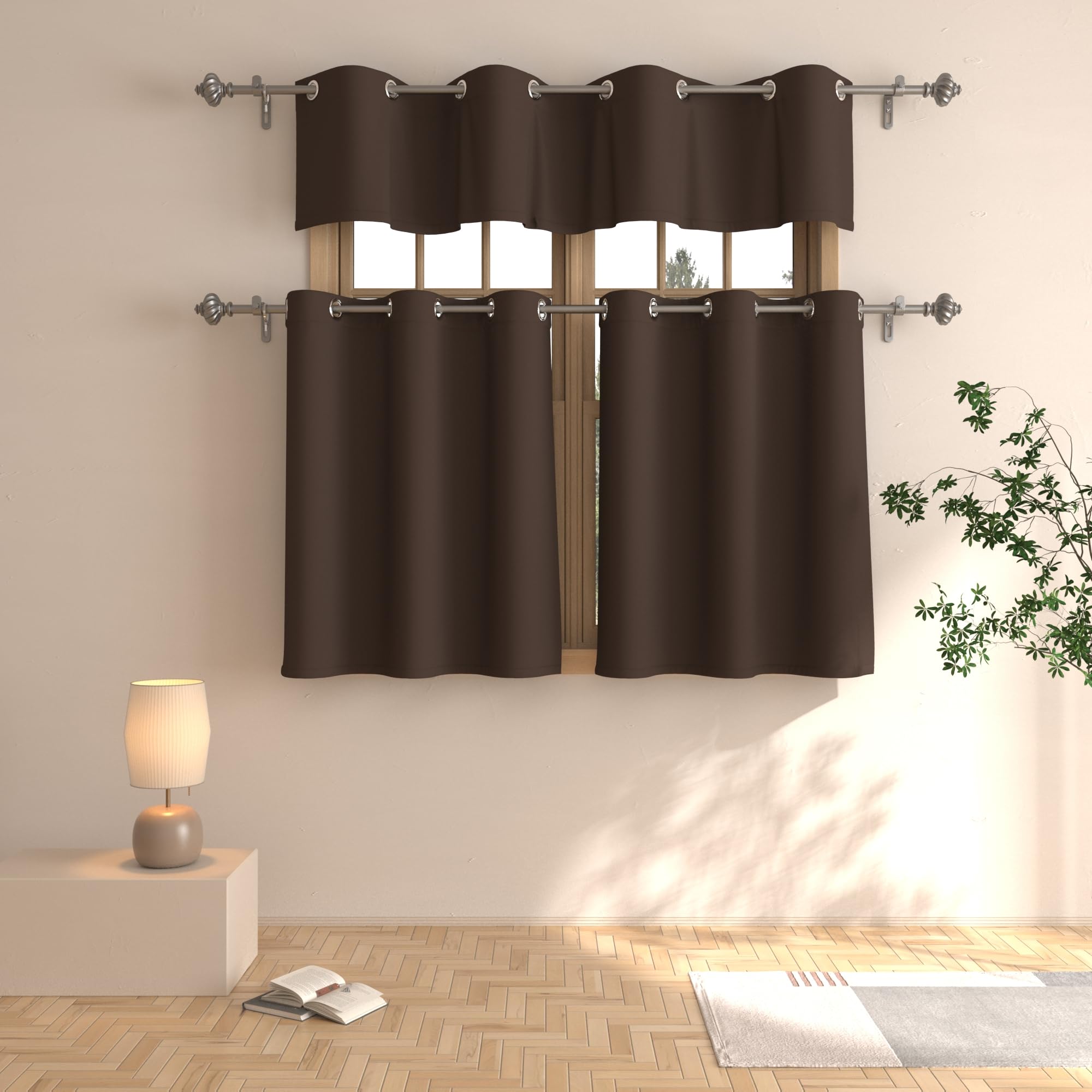 UPOPO 16 Inch Coffee Brown Blackout Valance Curtain - Triple Weave Room Darkening Window Treatment for Kitchen, Bathroom, Living Room & Bedroom - Grommet Top, 1 Panel - Perfect for Privacy & Sun Protection in Small Windows