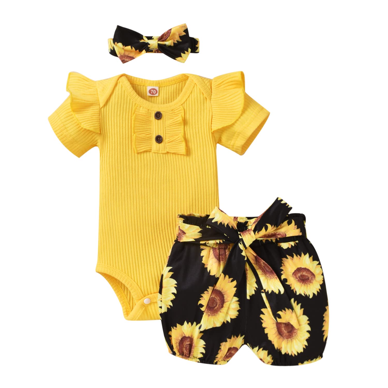 Preemie Newborn Baby Girl Outfit - 3-Piece Floral Ruffle Romper Set with Headband & Pants | Soft Summer Clothes for Infants | Perfect for Photoshoots, Special Occasions & Daily Wear