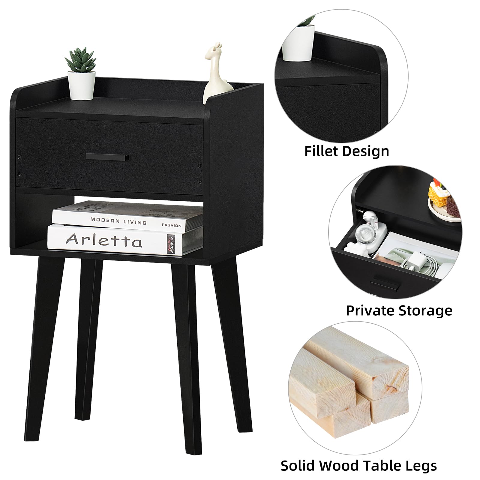 Modern Black Nightstand with Drawer - Wooden Bedside Table for Small Spaces, Storage Side Table - Perfect for Bedroom, Living Room, Dorm & Office (26.38