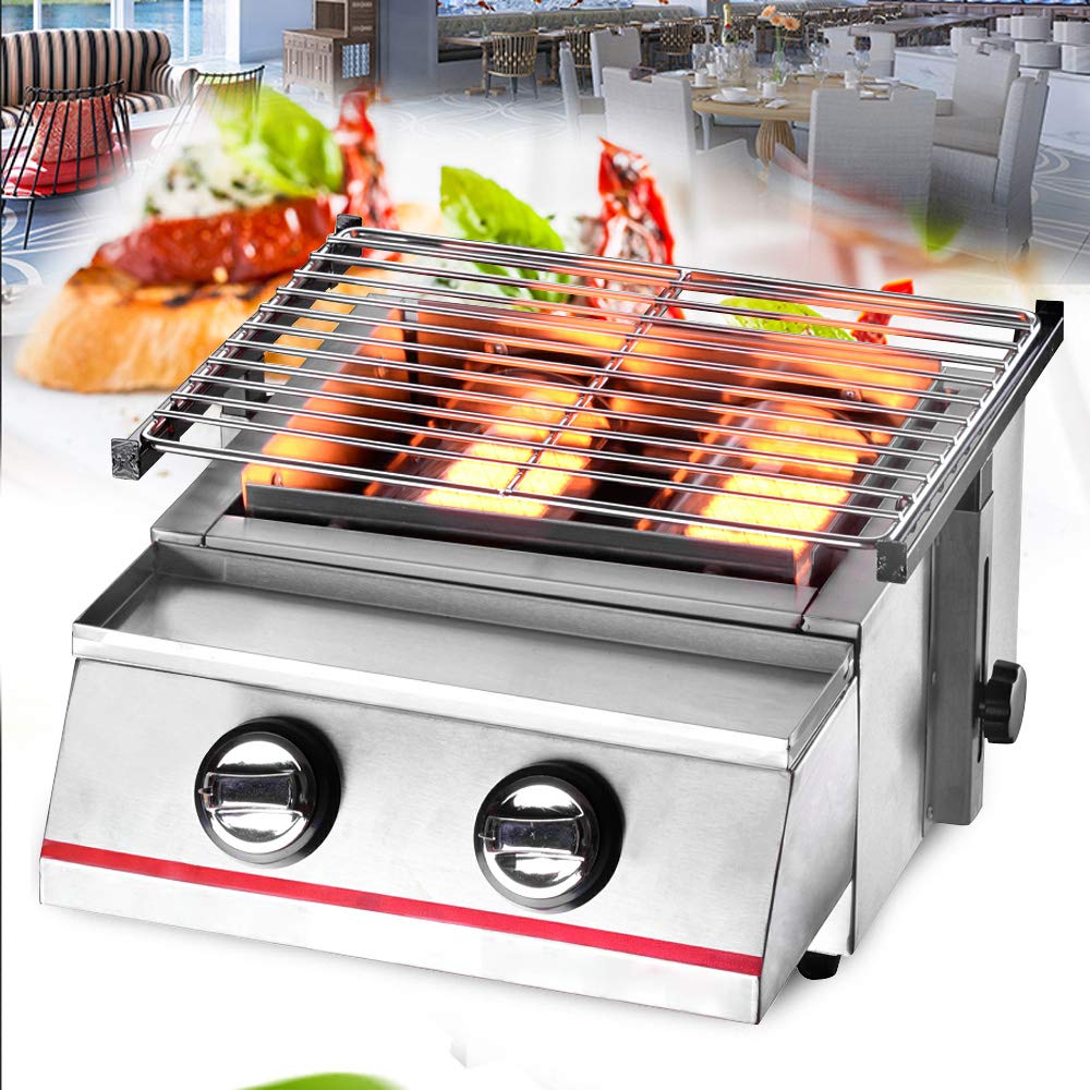 LOYALHEARTDY Portable 2-Burner LPG Gas Grill with Steel Cover - Smokeless Tabletop Outdoor BBQ Cooker - Stainless Steel Camping & Backyard Cooking (Perfect for Picnics, Tailgating & Patio Parties)