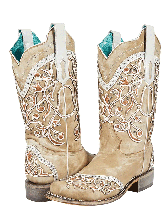 Corral A4165 Women's Western Boots - Embroidered & Studded Square Toe Cowgirl Boots in White | Perfect for Rodeo, Country Dancing & Western Fashion