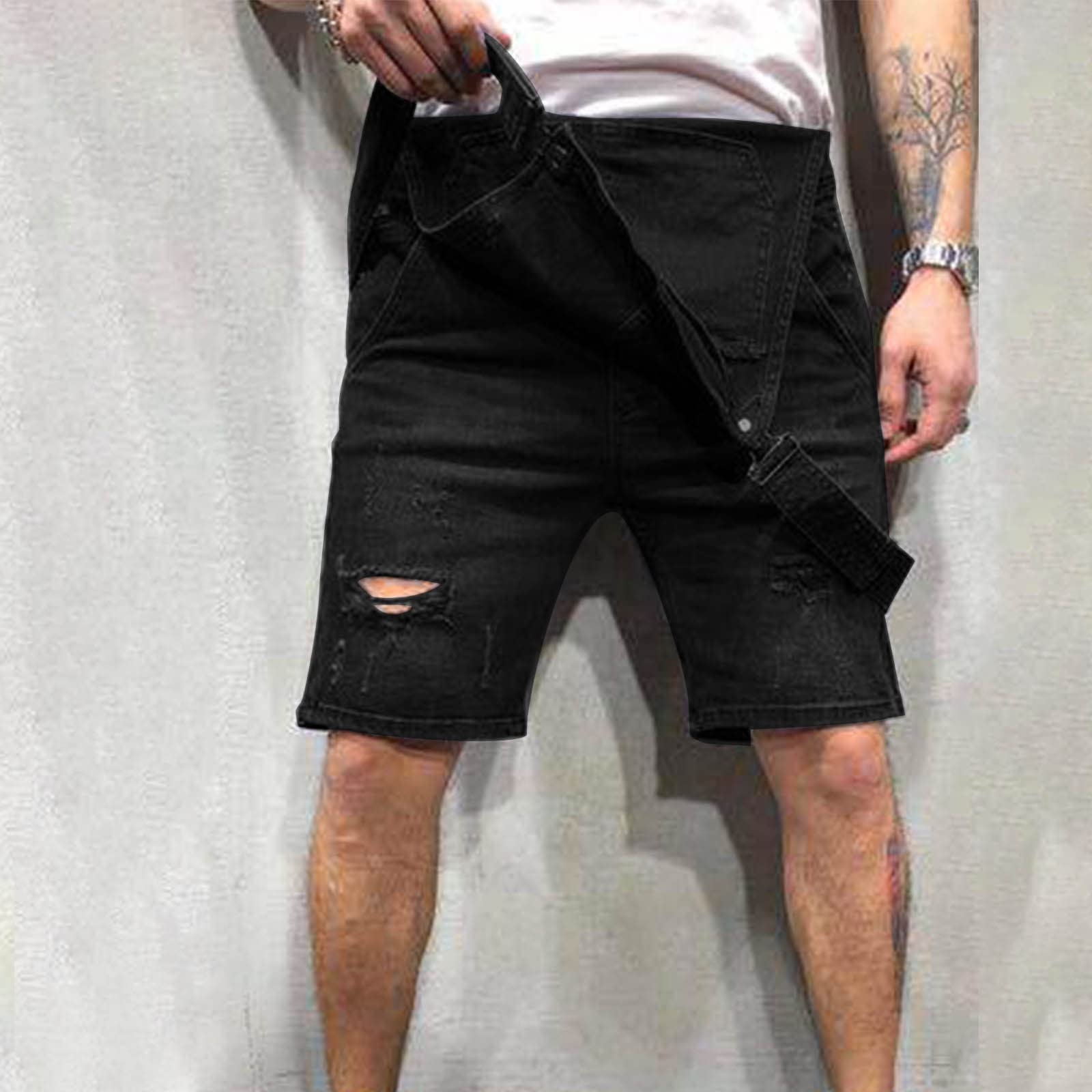 Men's Ripped Denim Bib Overalls Shorts - Adjustable Straps, Knee-Length Jumpsuit for Casual Wear, Workwear & Motorcycle Riding | Carpenter, Biker & Outdoor Activities