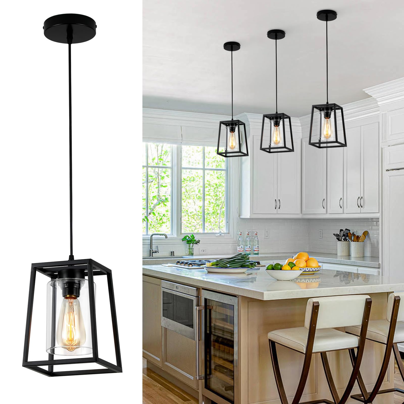 Black Farmhouse Pendant Lights with Clear Glass Shade - 1-Light Linear Chandelier for Kitchen Island, Dining Room, Entryway, and Modern Farmhouse Decor
