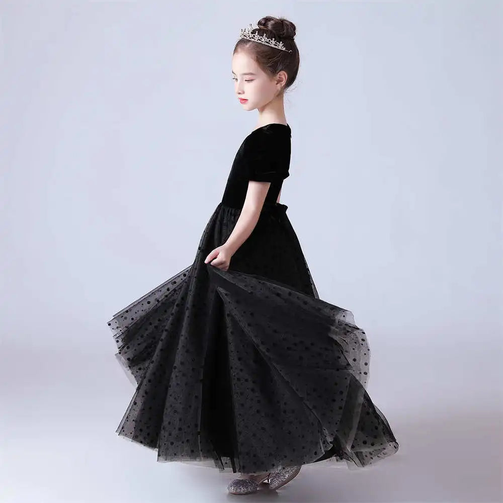 Polka Dot Tulle Puff Sleeve Black Girls Party Dress - Elegant & Playful Outfit for Birthday, Wedding & Special Occasions