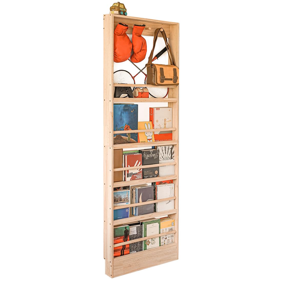 Wooden Kids Bookshelf with Wall Mount & Hooks - Space Saving Books and Toys Organizer for Nursery, Playroom & Bedroom - Perfect for Storybooks, Stuffed Animals & Room Decor