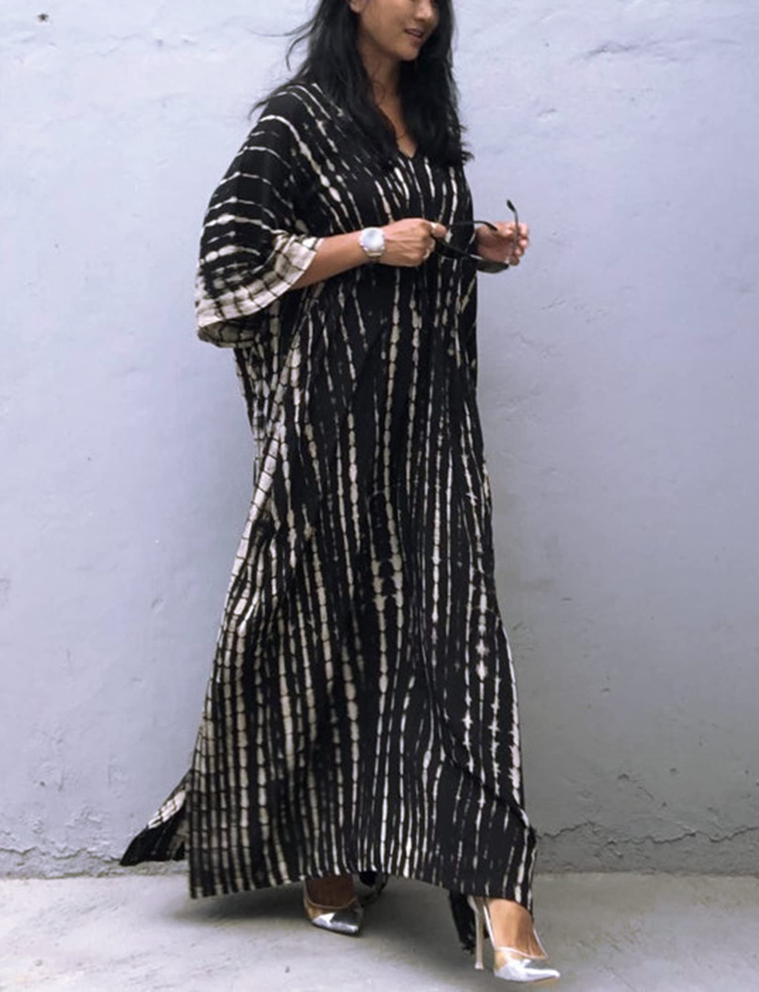 FEOYA Women's Bohemian Swim Cover Up - Printed V-Neck Kaftan Dress with Side Slit | Beachwear for Pool, Vacation & Summer Outfits