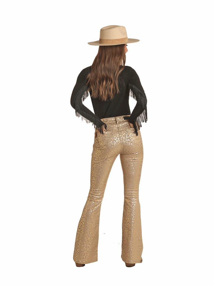 Rock & Roll Denim RRWD6HR0GV Women's High Rise Flare Pants - Khaki Cheetah Print Stretch Jeans for Casual Wear & 70s Retro Style Outfits