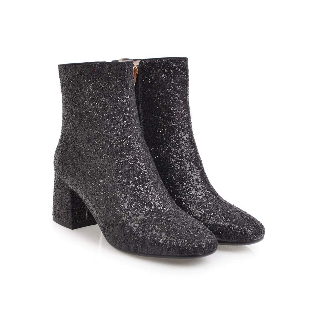 Elyffany Women's Mid Block Heel Glitter Ankle Boots with Zipper - Stylish Party Prom Booties for Ladies | Perfect for Night Out, Club, Wedding & Special Occasions
