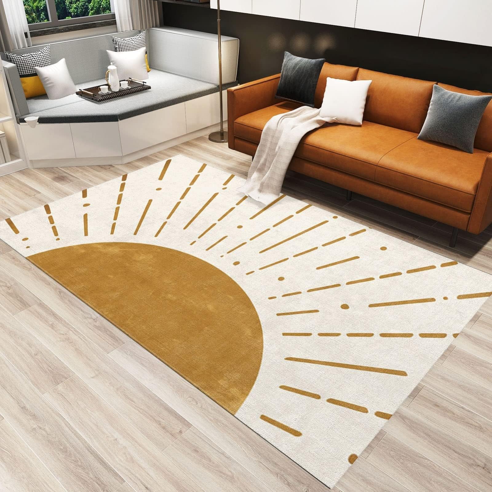 5x8ft Boho Sun Area Rugs - Soft Non-Slip Abstract Retro Large Rug for Kids Bedroom, Nursery & Teen Boys Room - Perfect for Floor Decor, Lounge & Play Areas