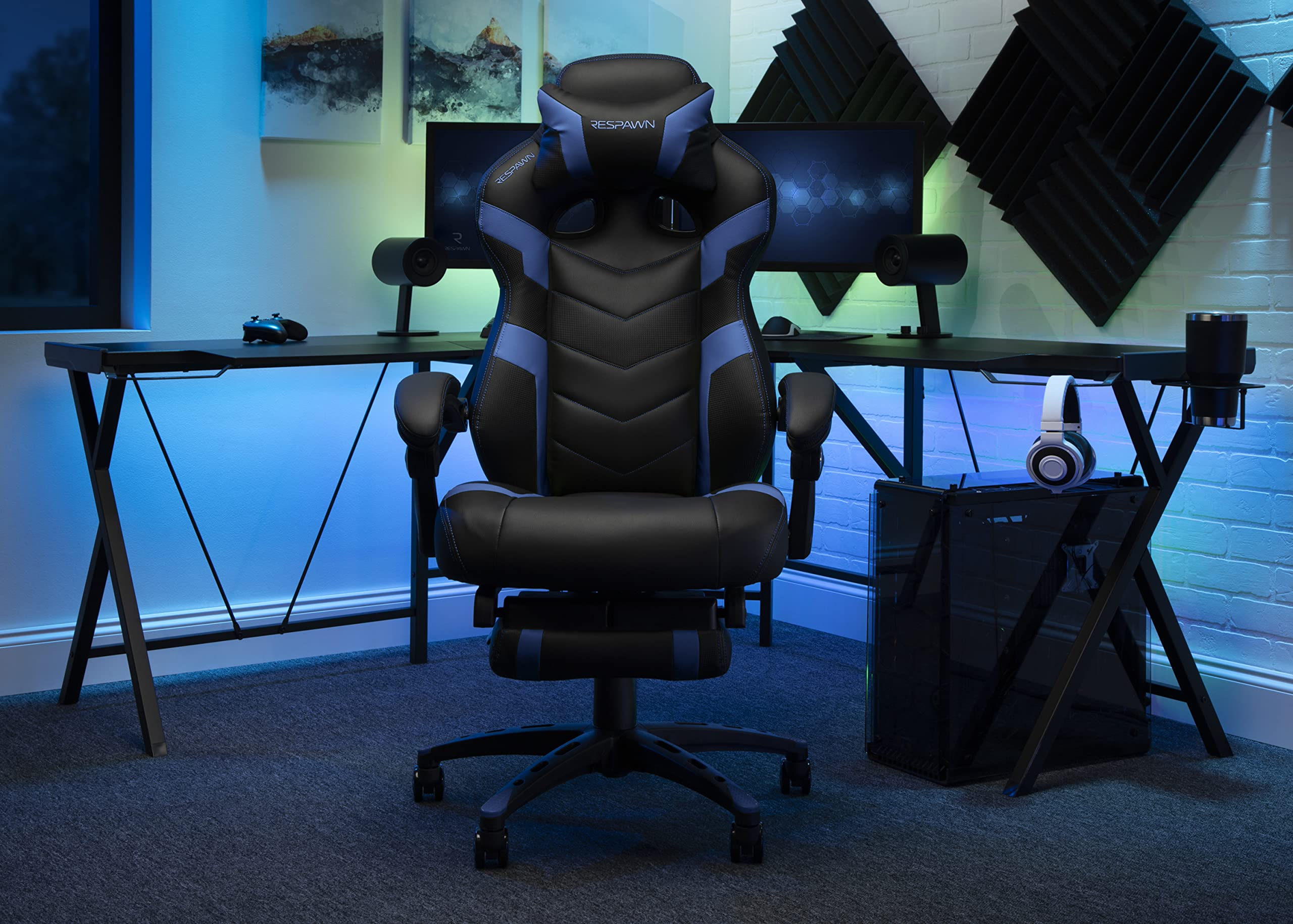 RESPAWN 110 Ergonomic Gaming Chair with Footrest - Racing Style High Back Office Chair with 360 Swivel, Adjustable Lumbar Support & Headrest Pillow - Perfect for PC Gaming, Home Office & Streaming Setup (2021 Blue)