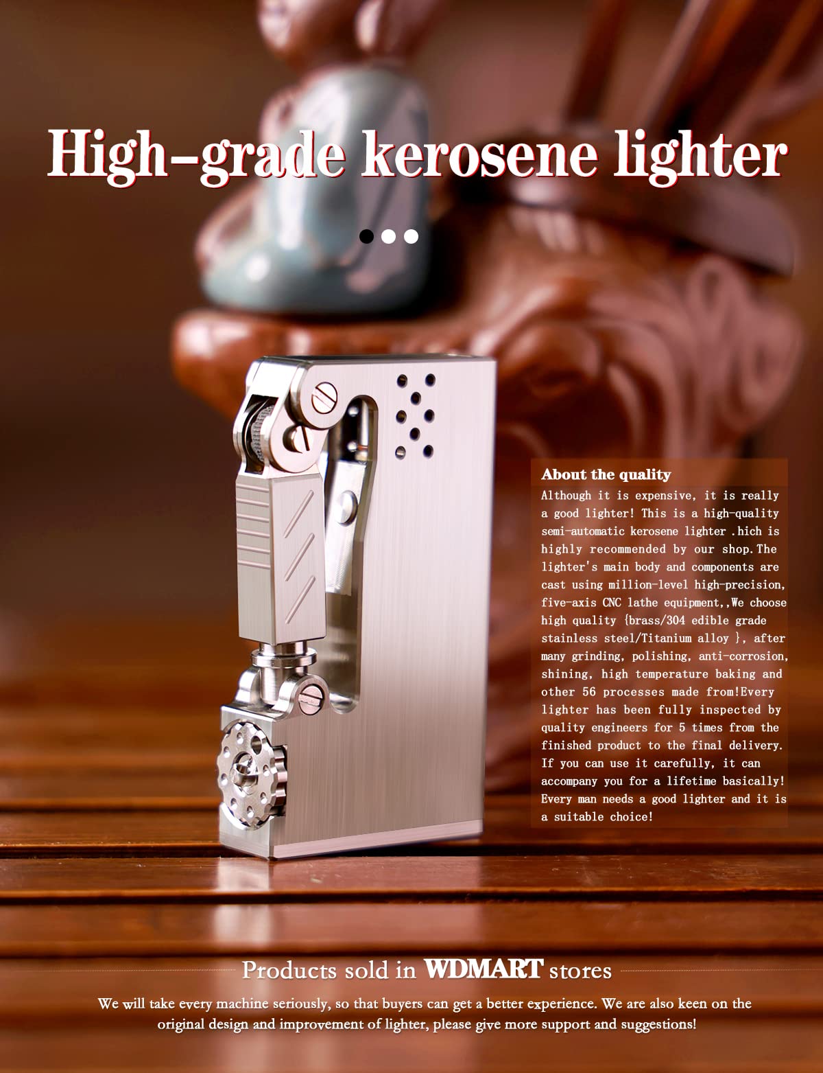 Windproof TC4 Titanium Alloy Refillable Kerosene Lighter - Soft Flame Metal Lighter for Outdoor Camping, Hiking & Survival Gear - Durable Open Flame Lighter with Collectible Value (Fuel Not Included)