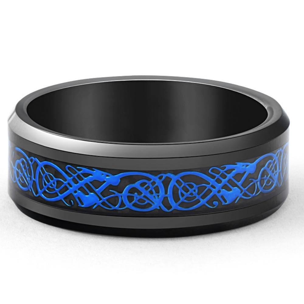 Men's Blue Dragon Black Tungsten Ring - 8mm Comfort Fit Wedding Band for Men - Durable & Scratch Resistant - Perfect for Engagement, Anniversary & Everyday Wear