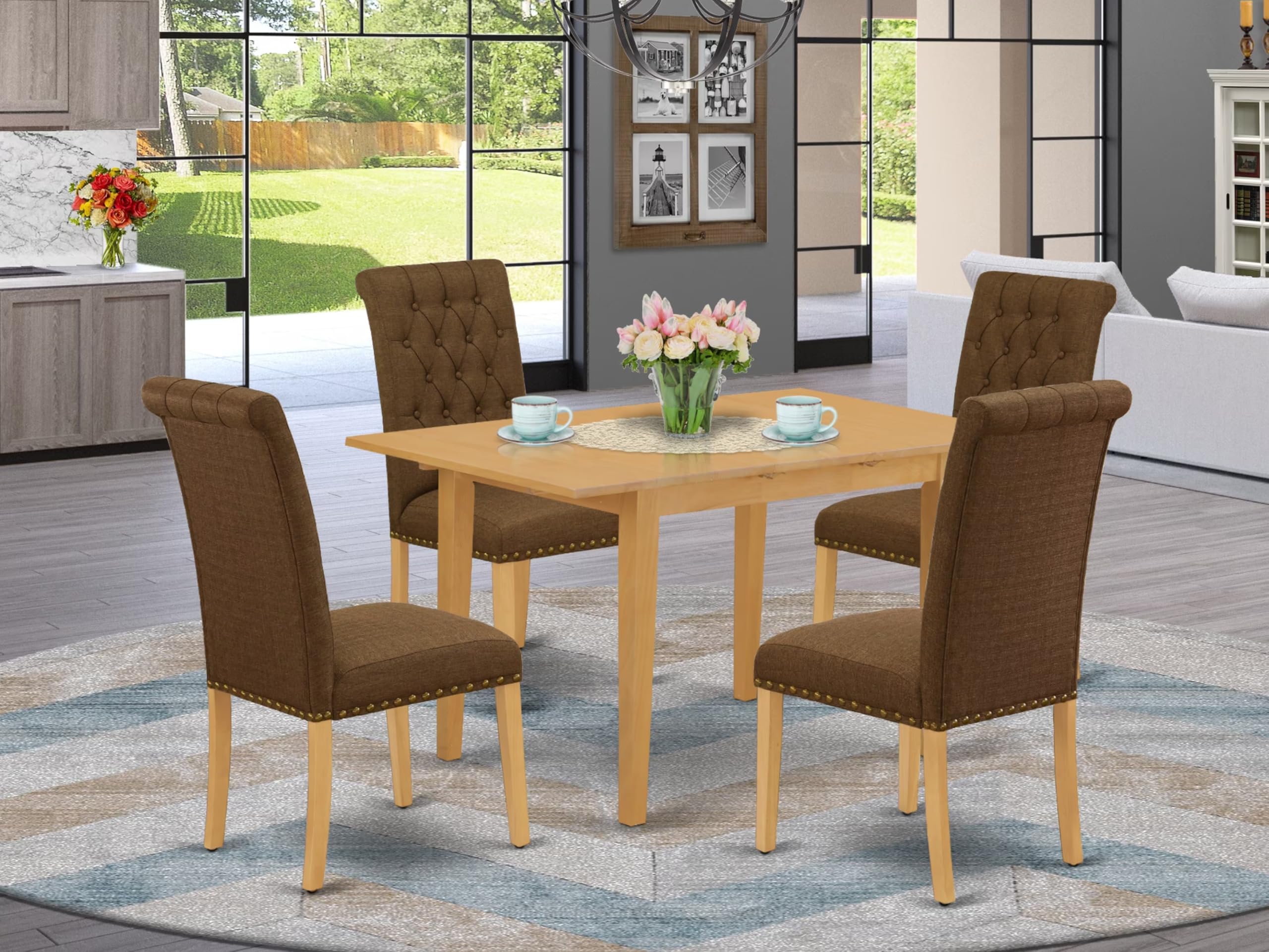 East West Furniture 5-Piece Oak Dining Room Table Set with Butterfly Leaf & 4 Linen Fabric Chairs - 32x54 Inch - Perfect for Family Meals & Entertaining Guests