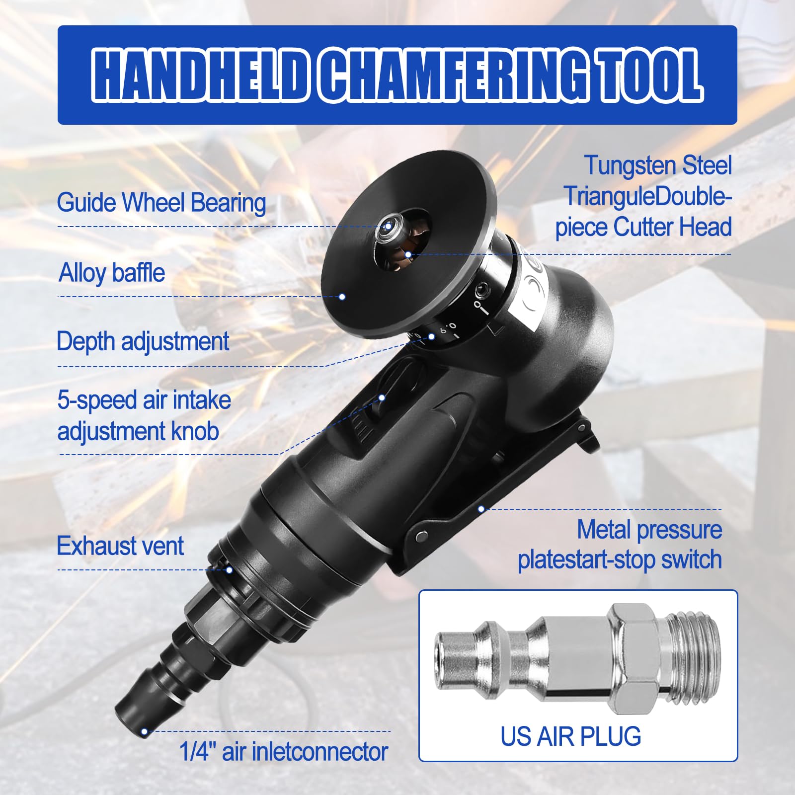 **45 Degree Mini Pneumatic Chamfering Machine - Portable Handheld Air Chamfer & Deburring Tool for Metal Trimming & Edge Finishing | Perfect for Metalworking, DIY Projects & Automotive Repair**